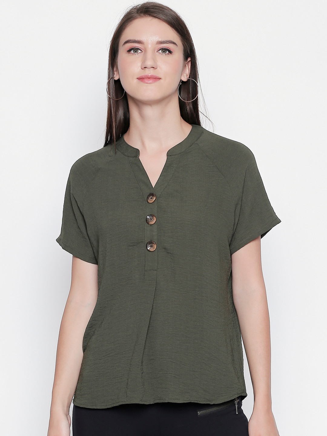 

Honey by Pantaloons Women Olive Green Solid Shirt Style Top