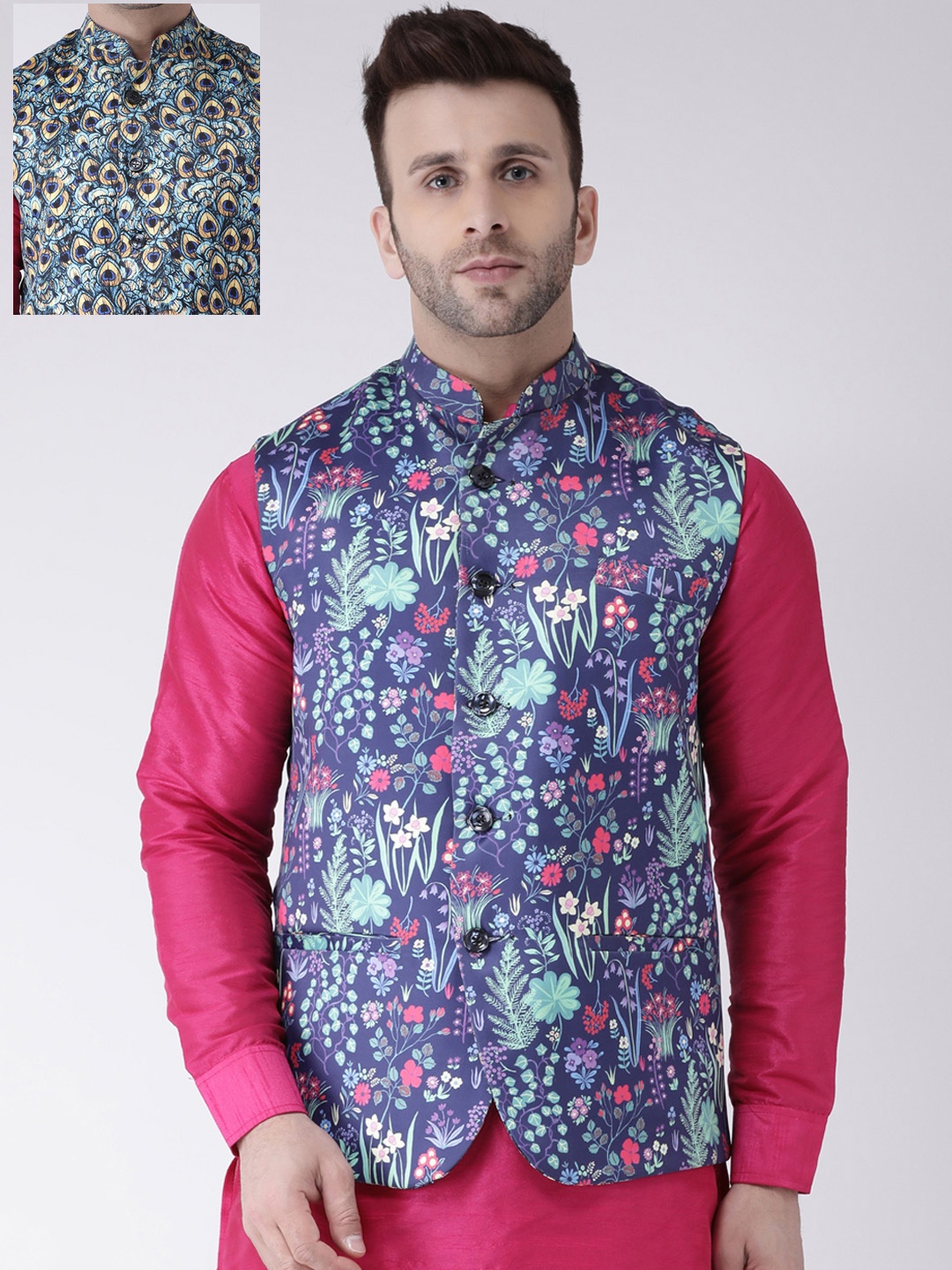 

Hangup Men Blue & Green Printed Woven Reversible Nehru Jacket