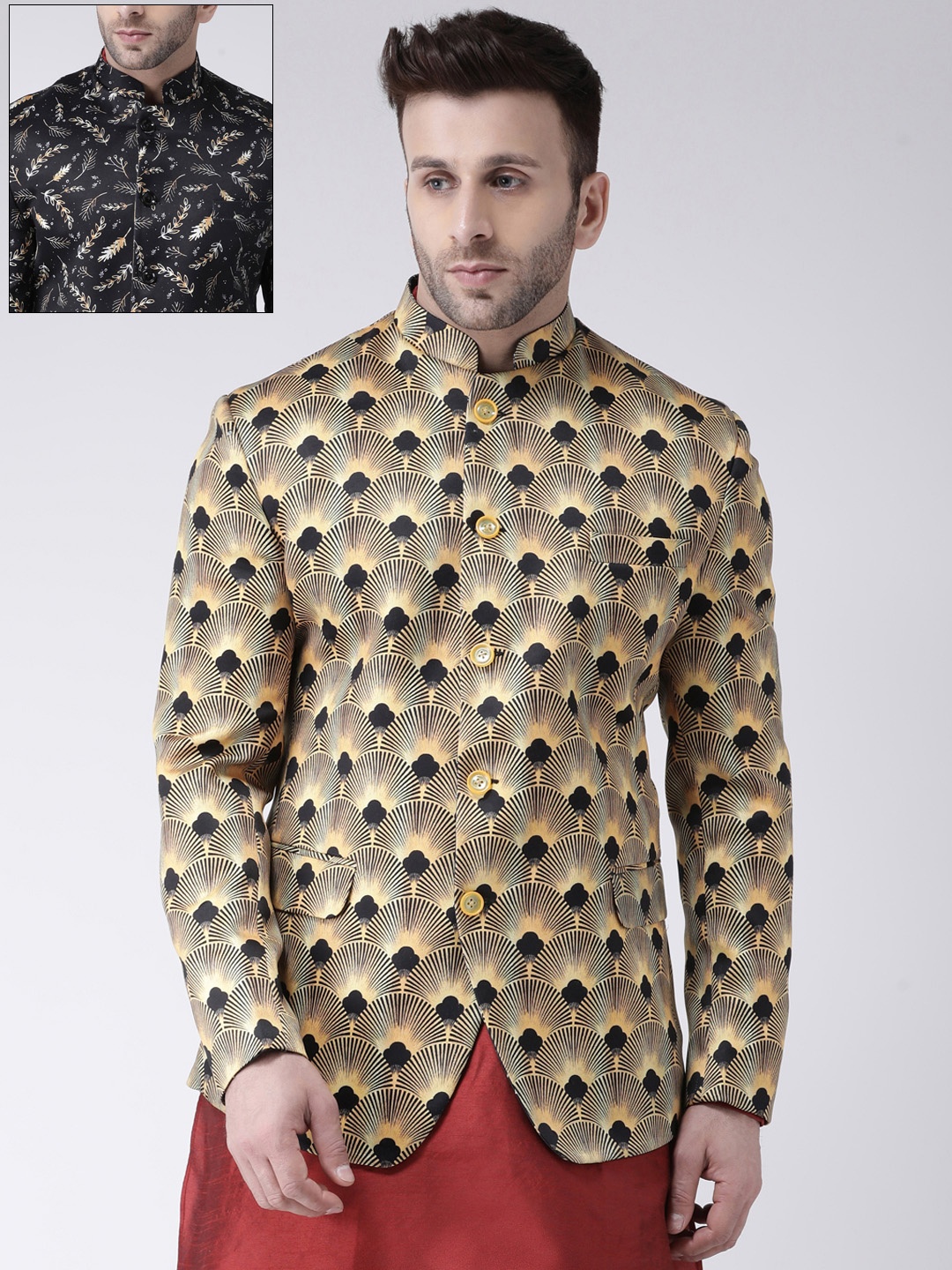 

Hangup Men Black & Orange Printed Bandhgala Reversible Blazer