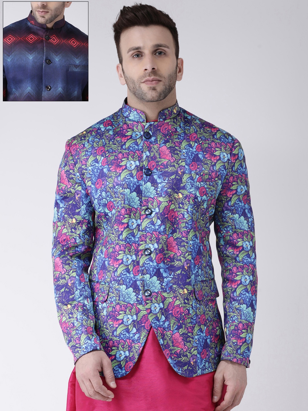 

Hangup Men Blue & Pink Printed Bandhgala Reversible Blazer