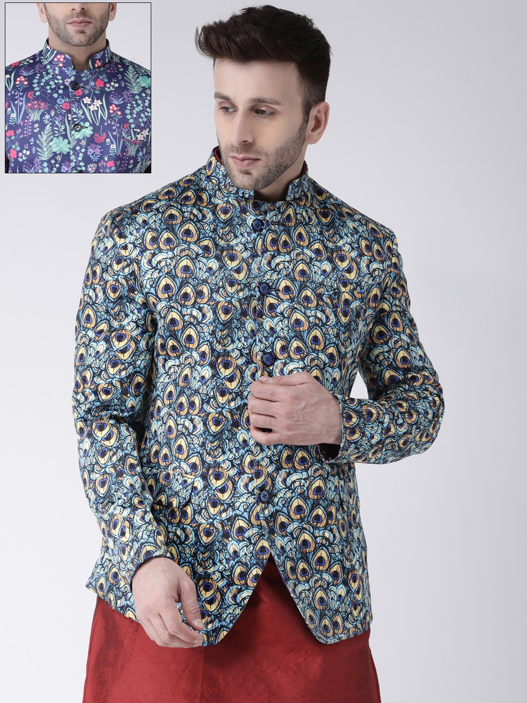 

Hangup Men Blue & Yellow Printed Single-Breasted Reversible Bandhgala Blazer