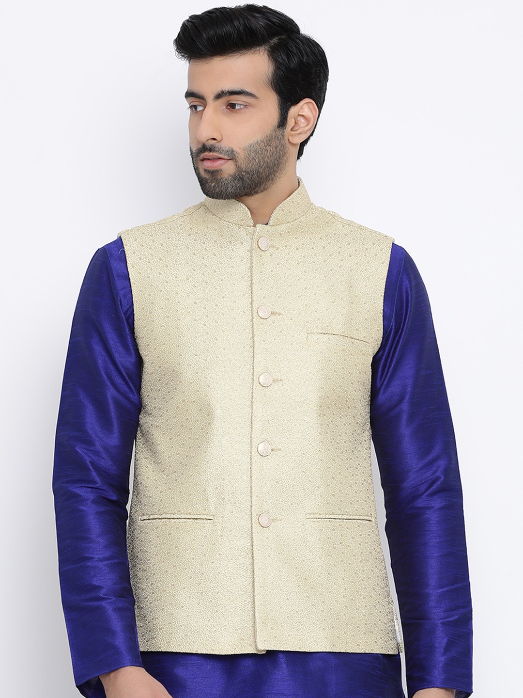 

NAMASKAR Men Beige Embellished Woven Nehru Jacket