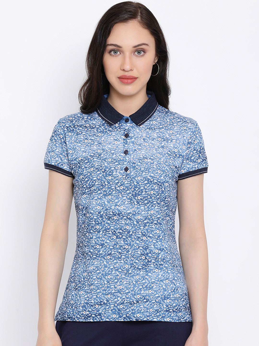 

Monte Carlo Women Blue Printed Polo Collar T-shirt