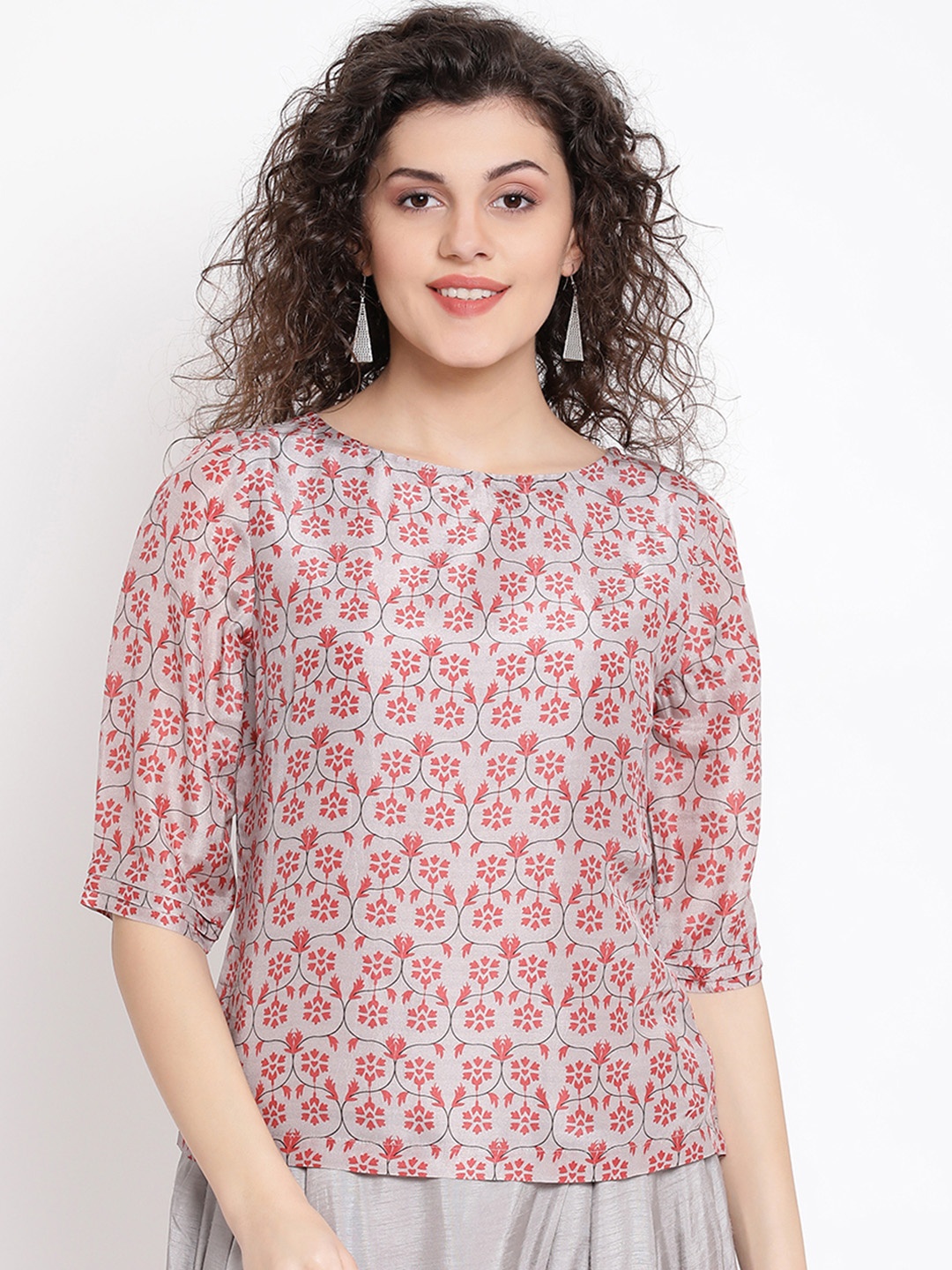 

ROOTED Women Grey & Red Floral Printed Top