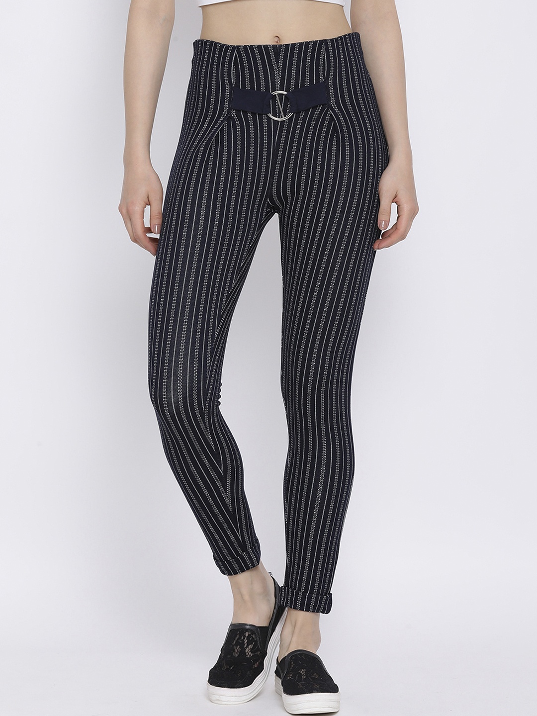 

Monte Carlo Women Navy Blue & White Skinny Fit Striped Regular Trousers