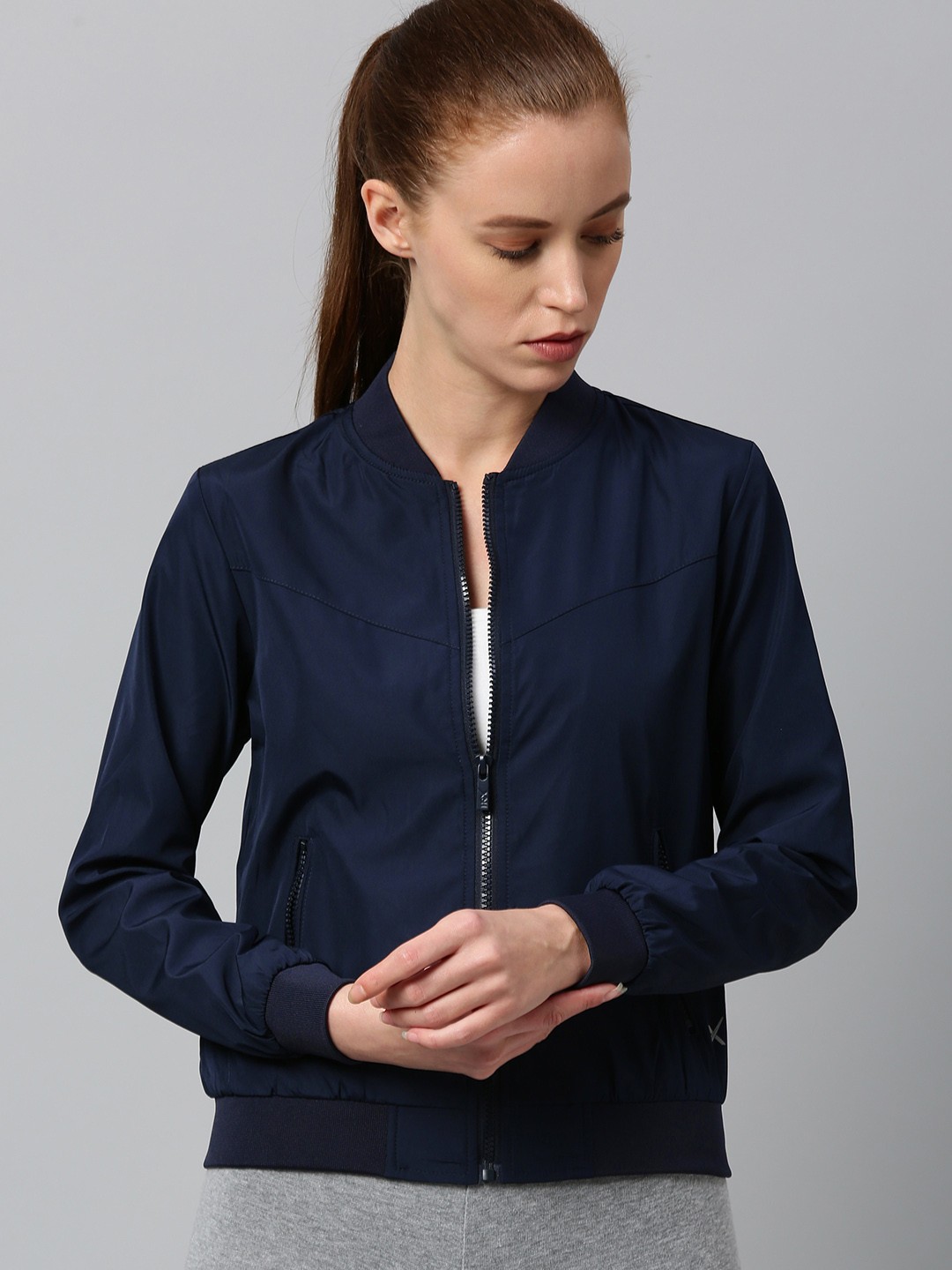 

HRX by Hrithik Roshan Women Navy Blue Solid Bomber Jacket