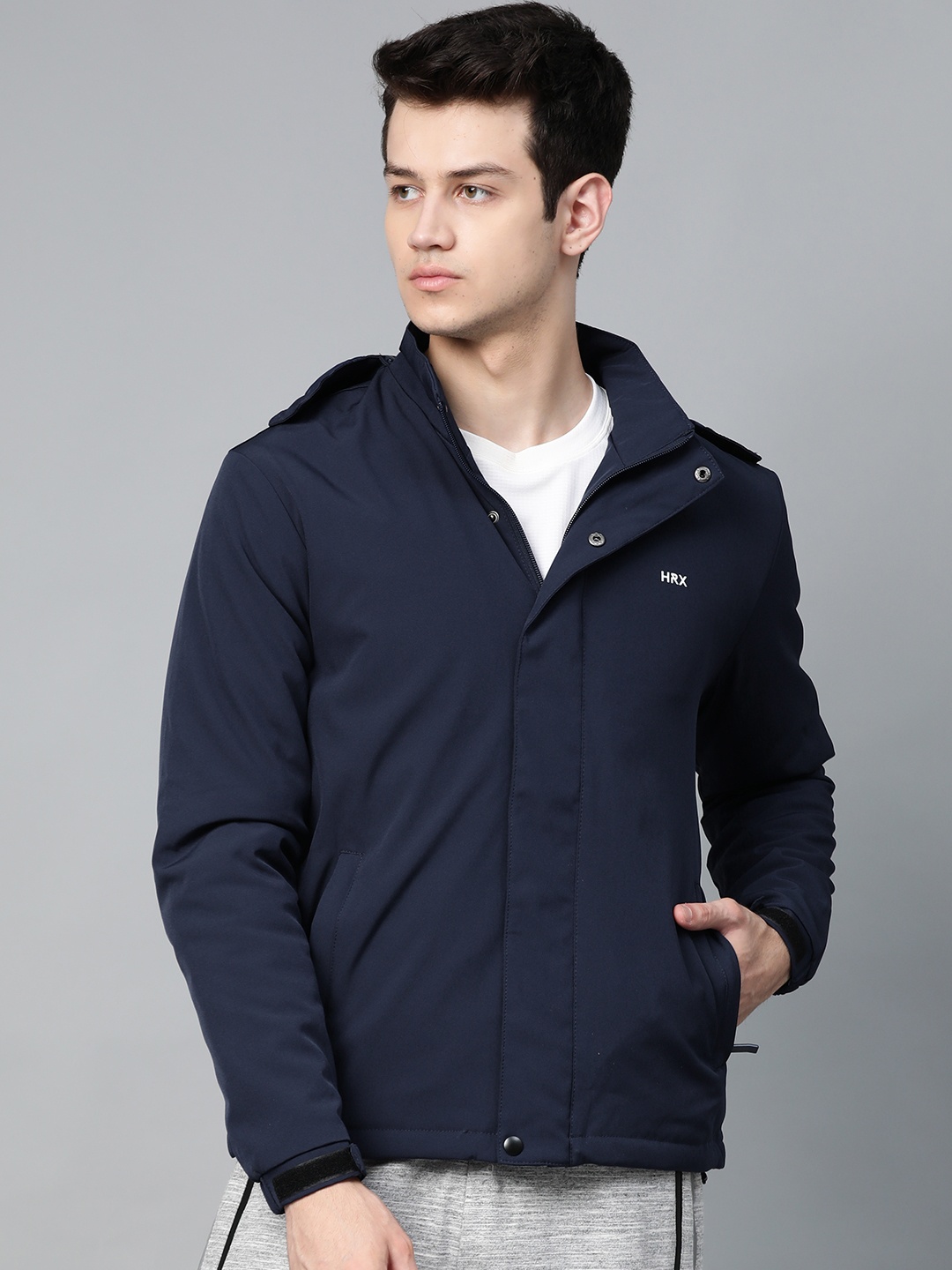 

HRX by Hrithik Roshan Men Navy Blue Solid Sporty Padded Jacket with Detachable Hood