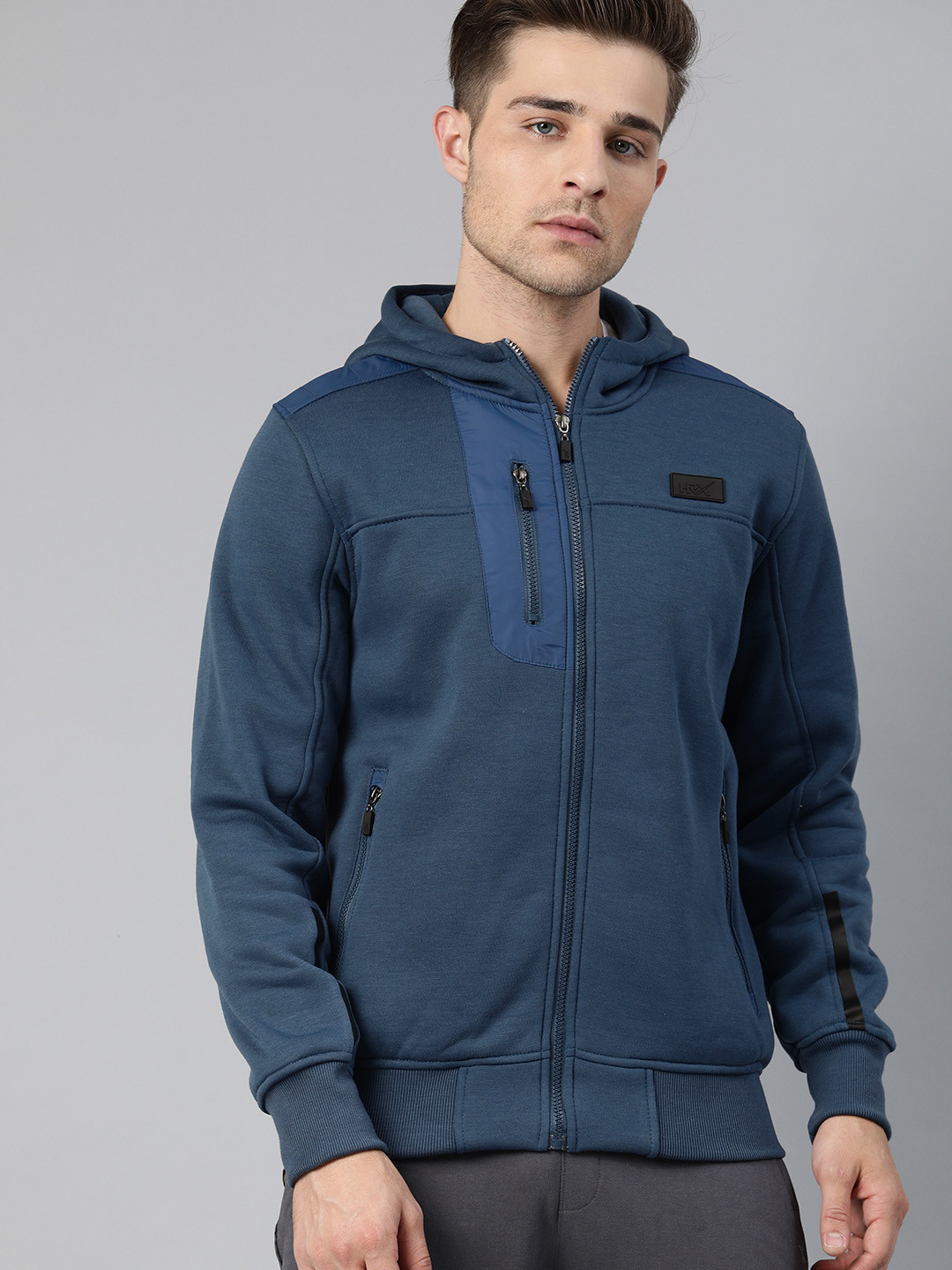 

HRX by Hrithik Roshan Men Navy Blue Solid Hooded Bomber Jacket