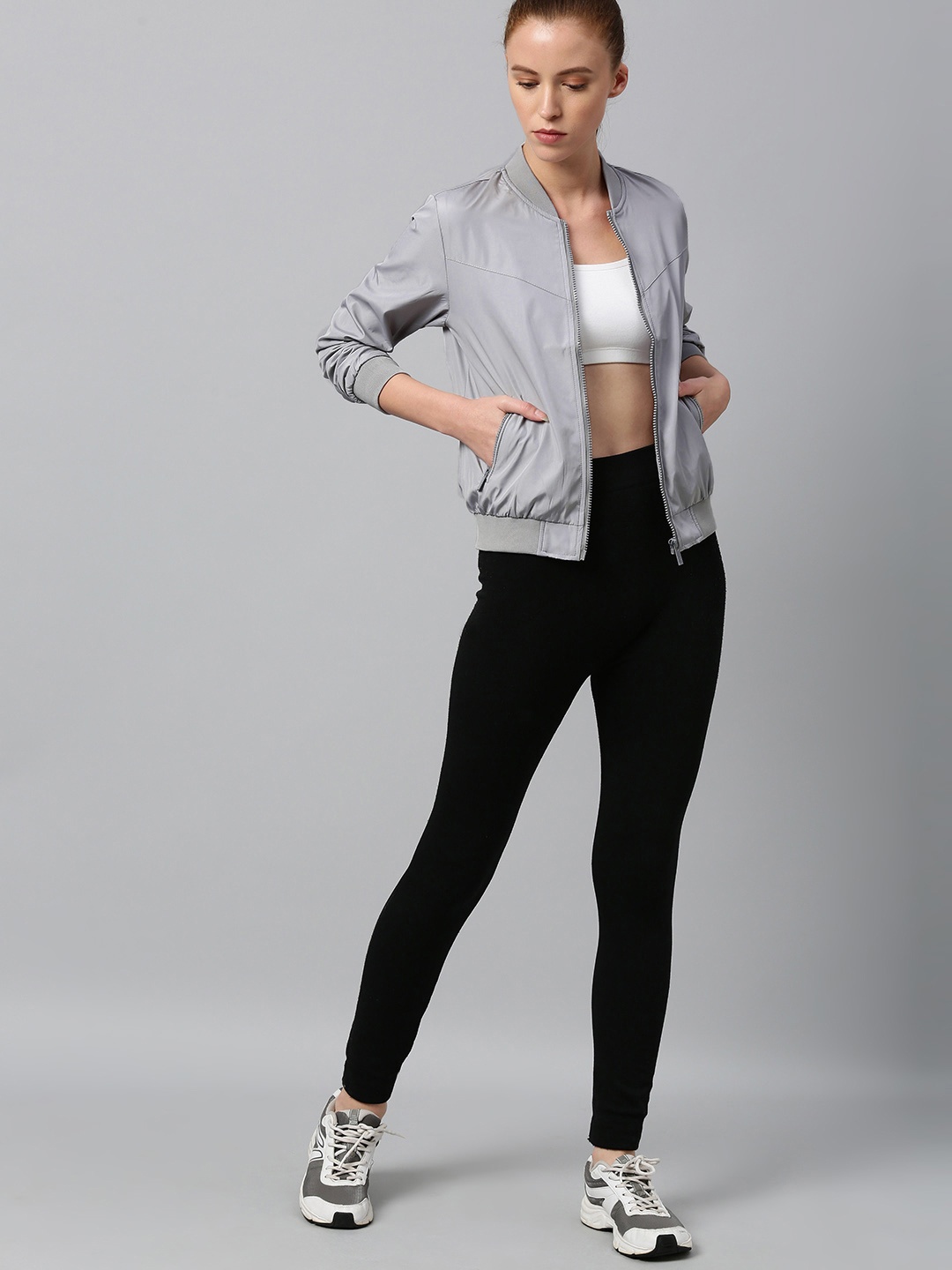 

HRX by Hrithik Roshan Women Grey Solid Bomber Jacket