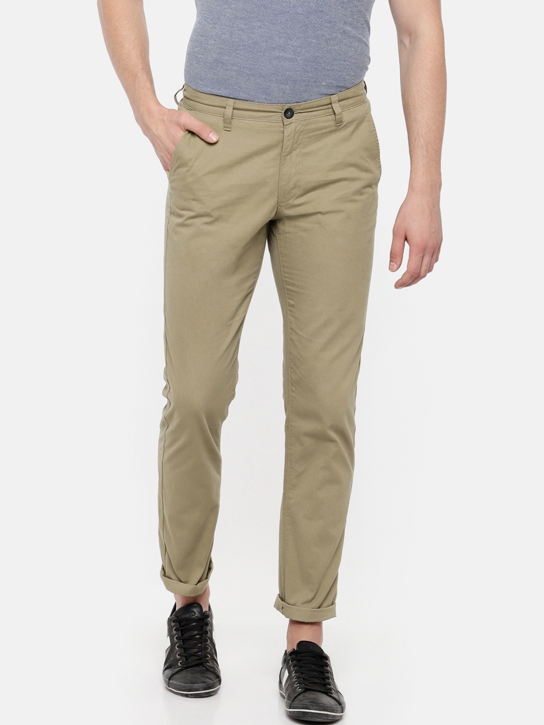

Spiritus by pantaloons Men Olive Green Slim Fit Solid Regular Trousers