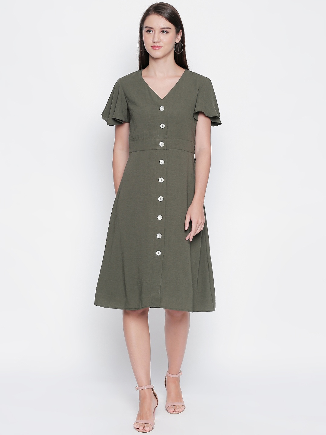 

Honey by Pantaloons Women Olive Green Solid Fit and Flare Dress