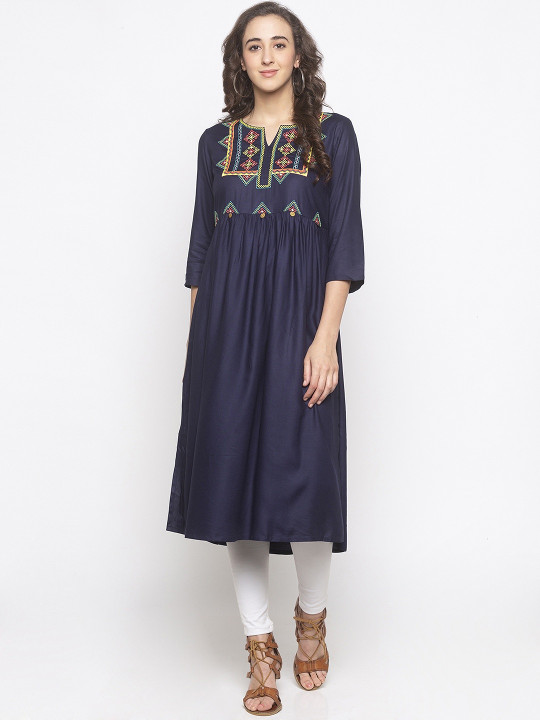 

Globus Women Navy Blue Embroidered Straight Kurta