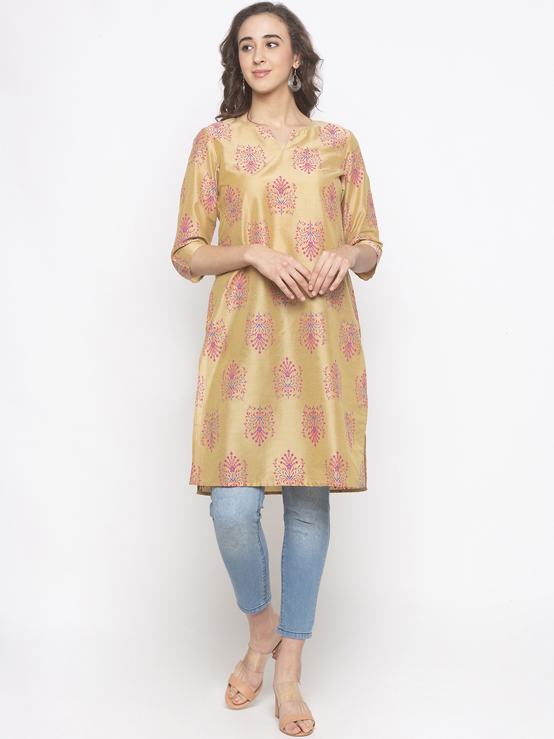 

Globus Women Beige & Pink Ethnic Print A-Line Kurta