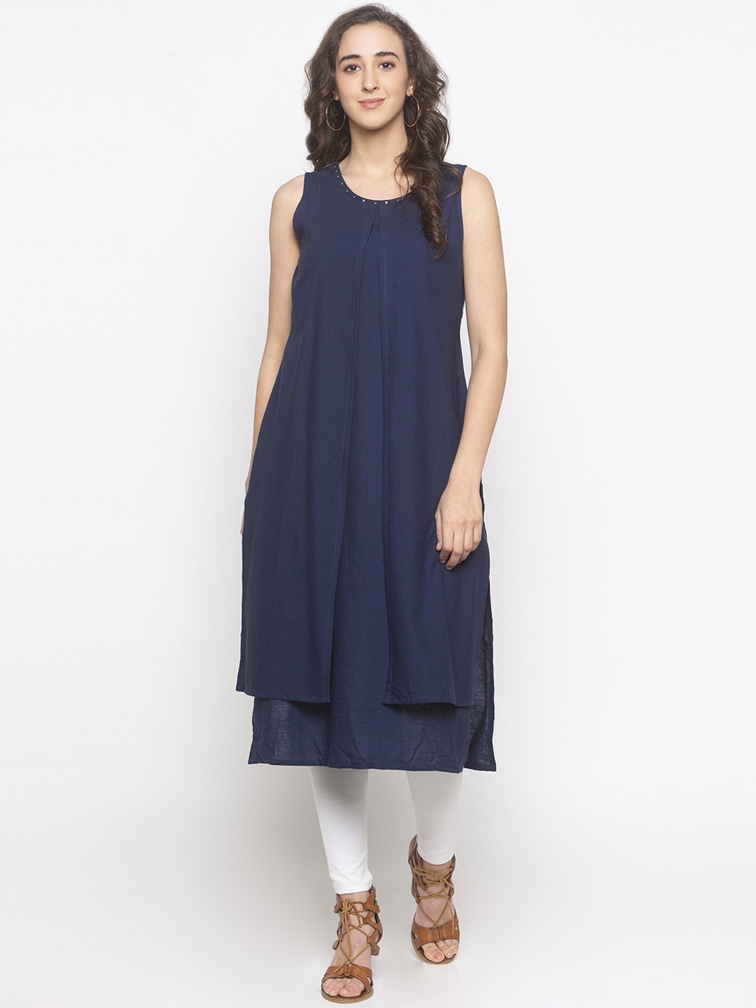 

Globus Women Navy Blue Solid A-Line Layered Kurta