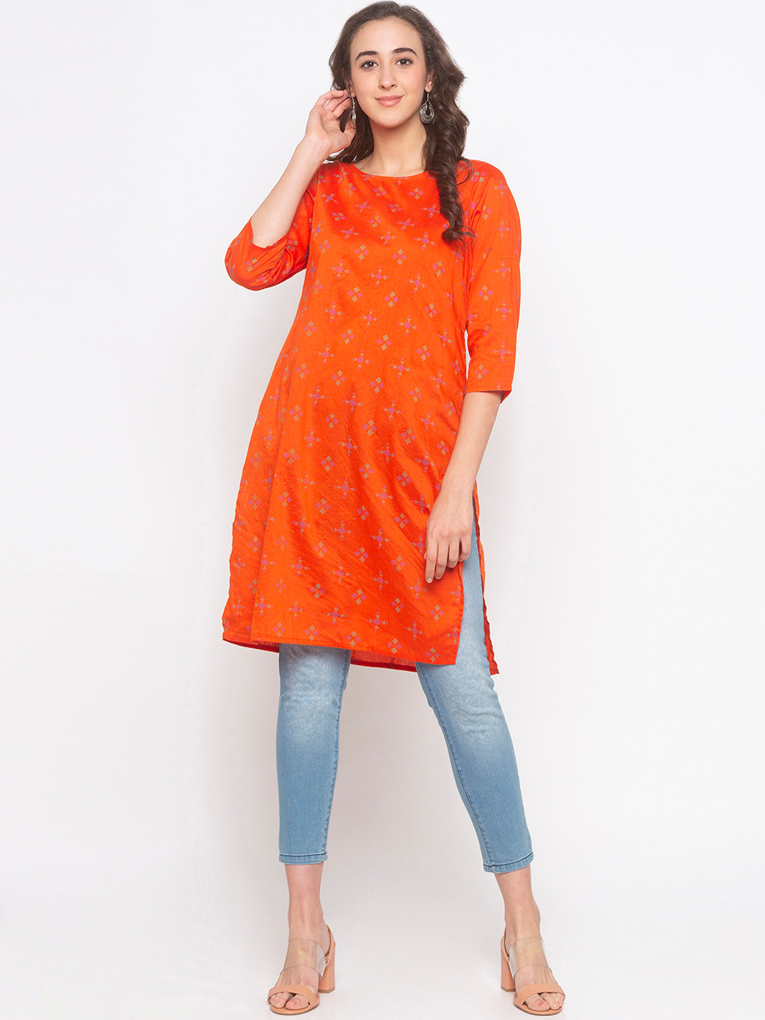 

Globus Women Orange & Green Printed Straight Kurta