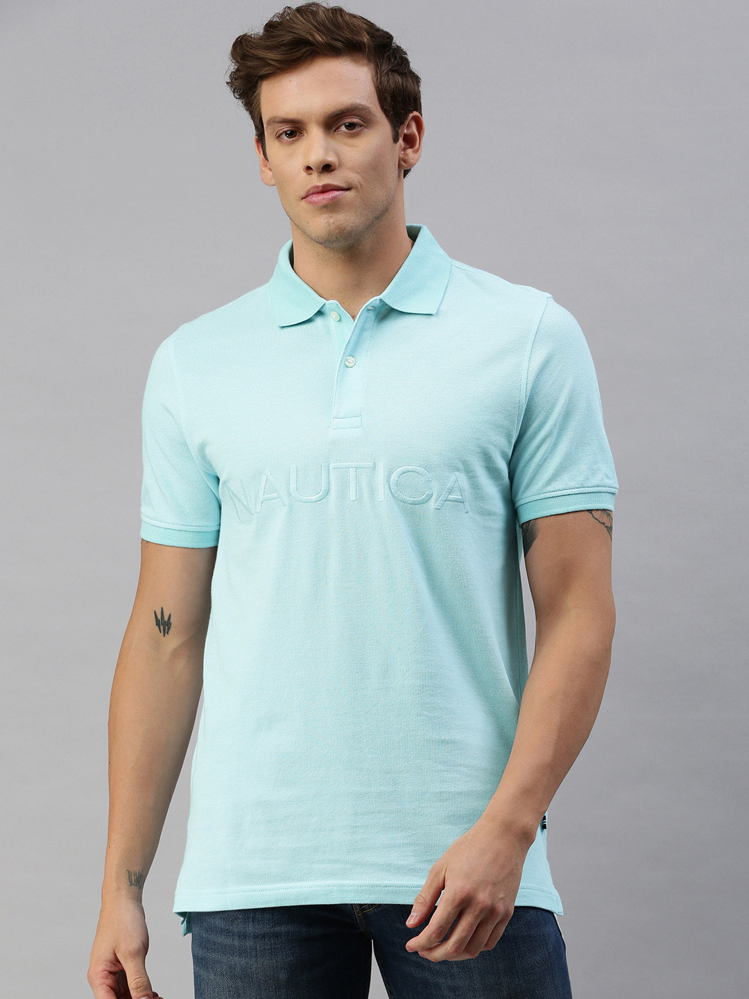 

Nautica Men Turquoise Blue Embroidered Polo Collar T-shirt