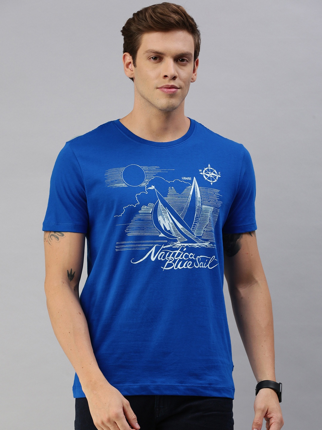 

Nautica Men Blue Printed Round Neck Pure Cotton T-shirt