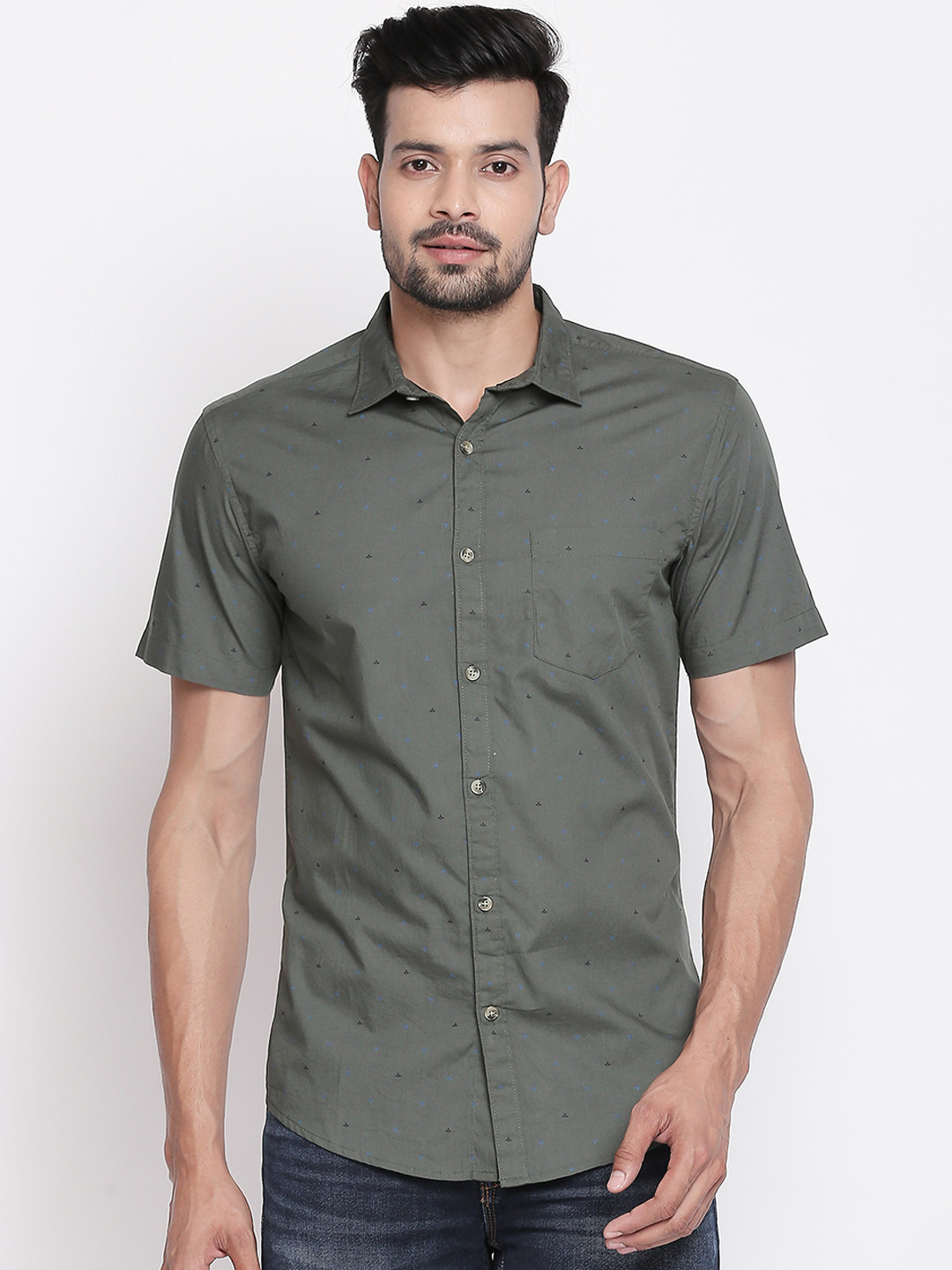 

BYFORD by Pantaloons Men Olive Green & Blue Slim Fit Printed Casual Shirt
