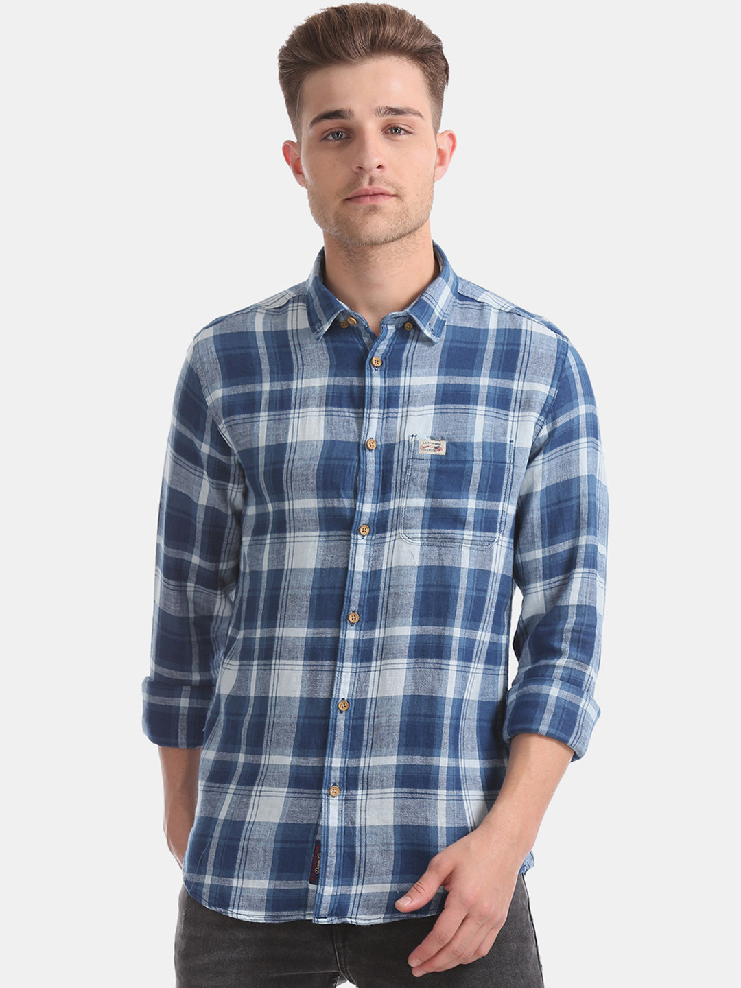 

U.S. Polo Assn. Denim Co. Men Blue Slim Fit Checked Casual Shirt