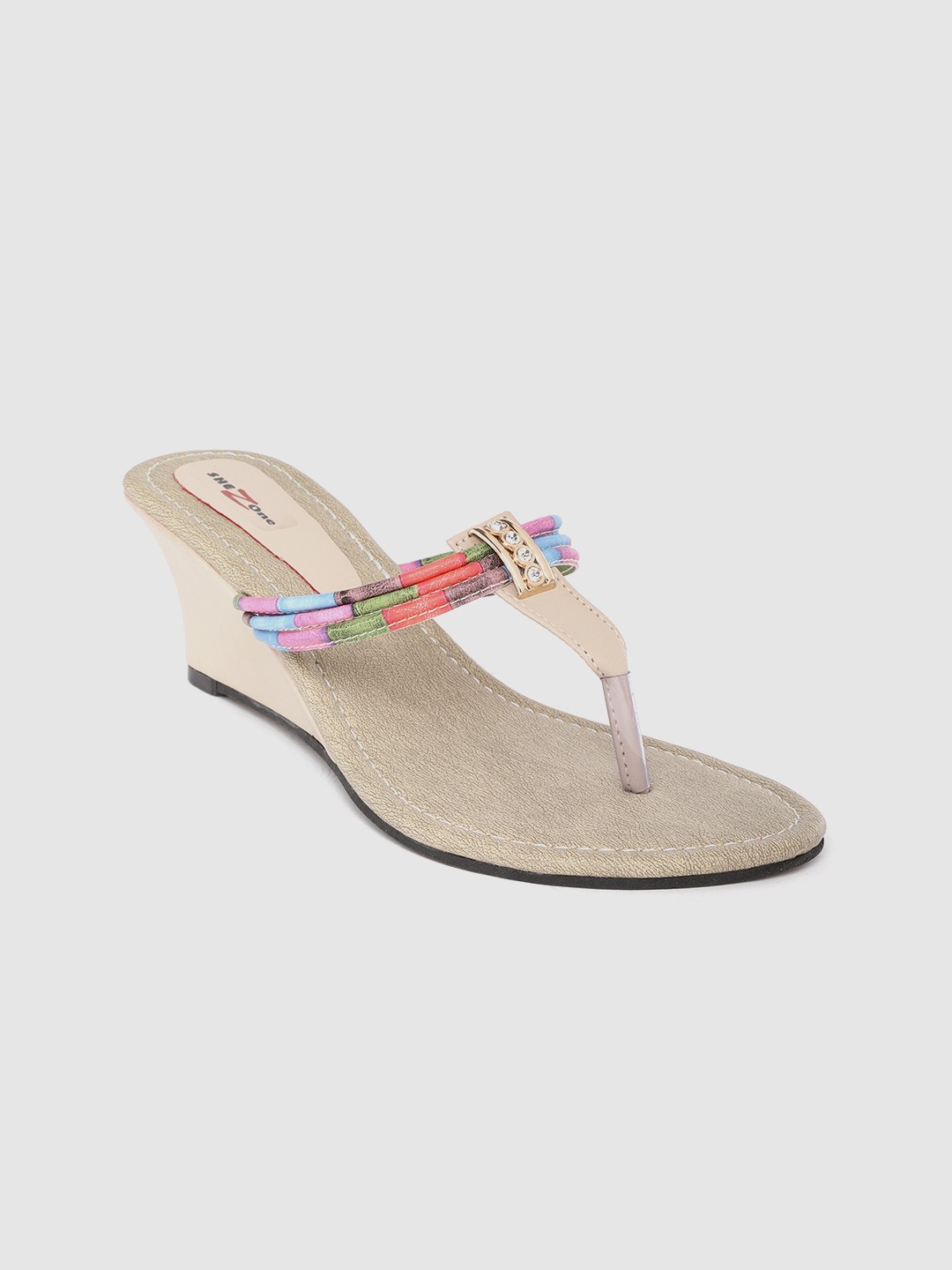 

Shezone Women Multicoloured Colourblocked T-strap Heels, Multi
