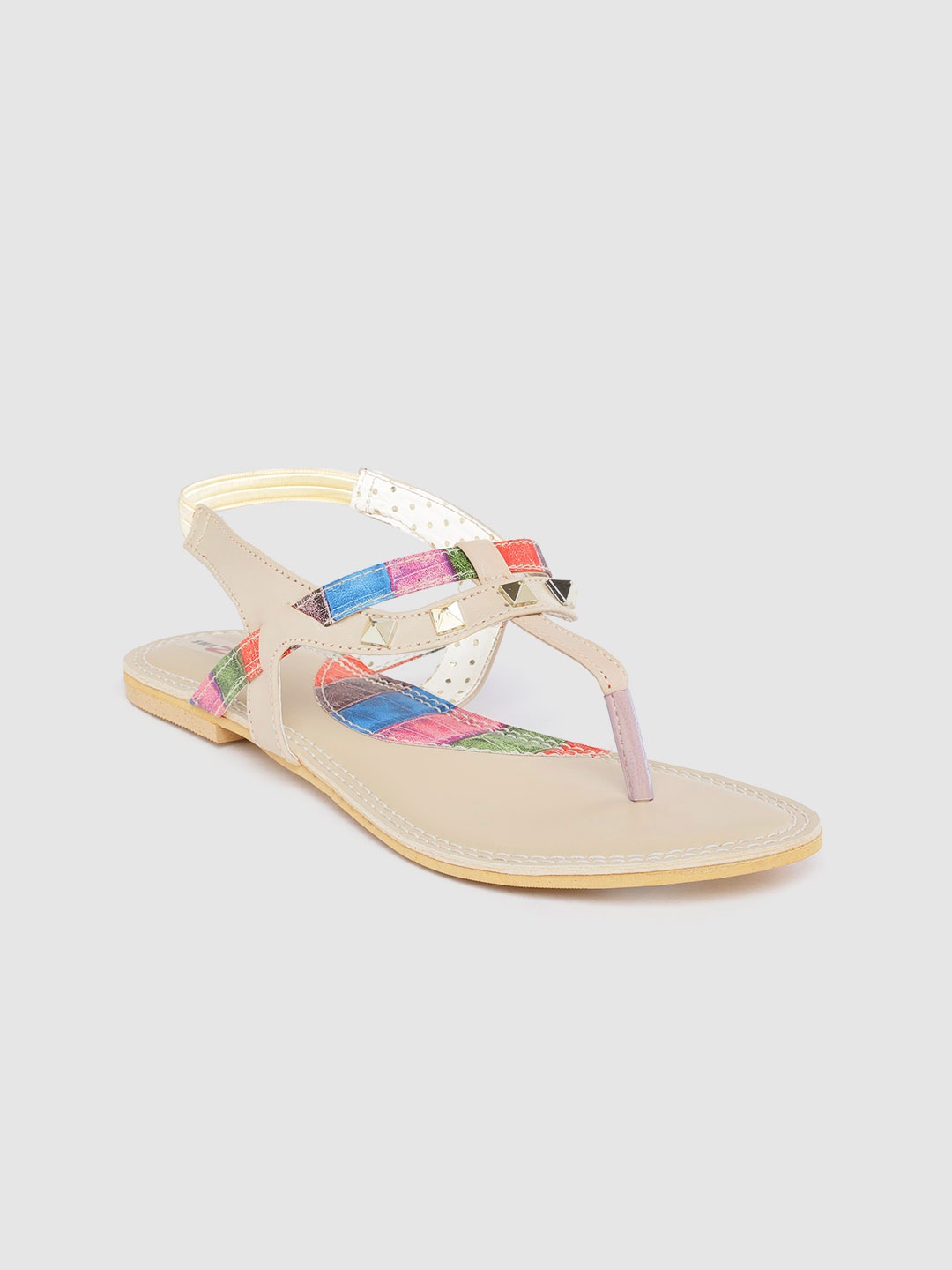 

Shezone Women Beige Colourblocking Detail T-Strap Flats