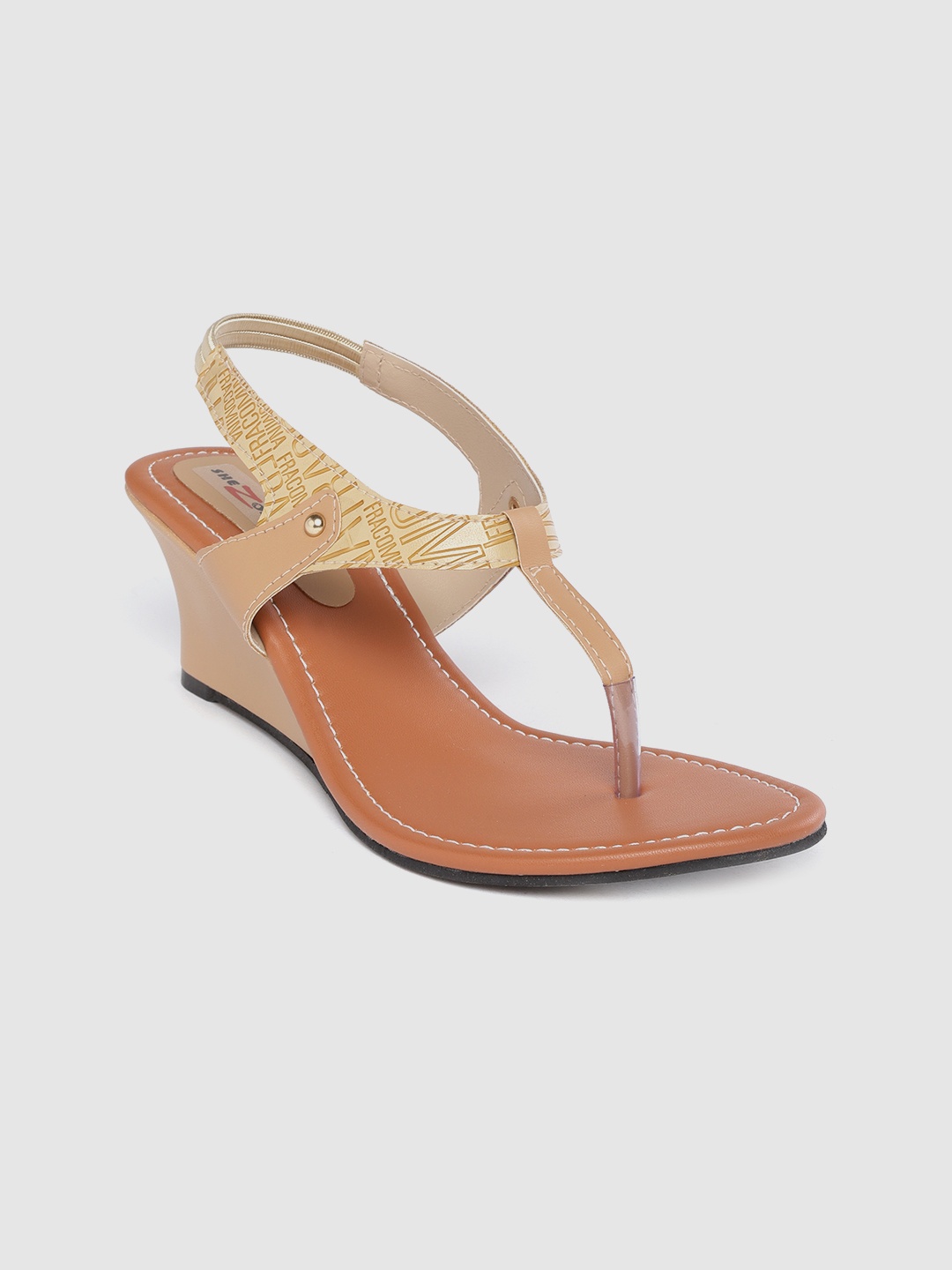 

Shezone Women Beige Typography Textured T-strap Heels