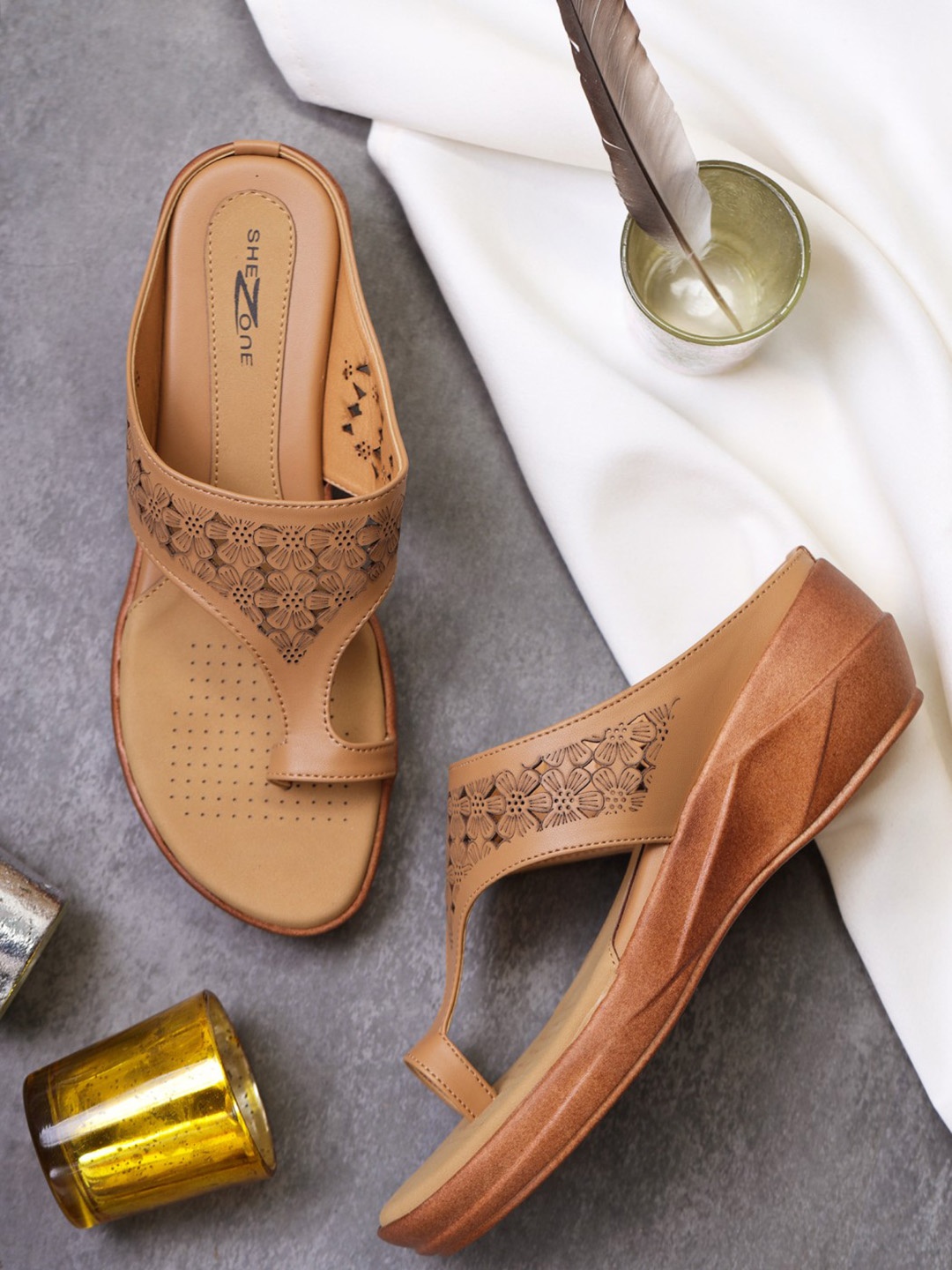 

Shezone Women Beige Floral Laser Cut One Toe Comfort Heels