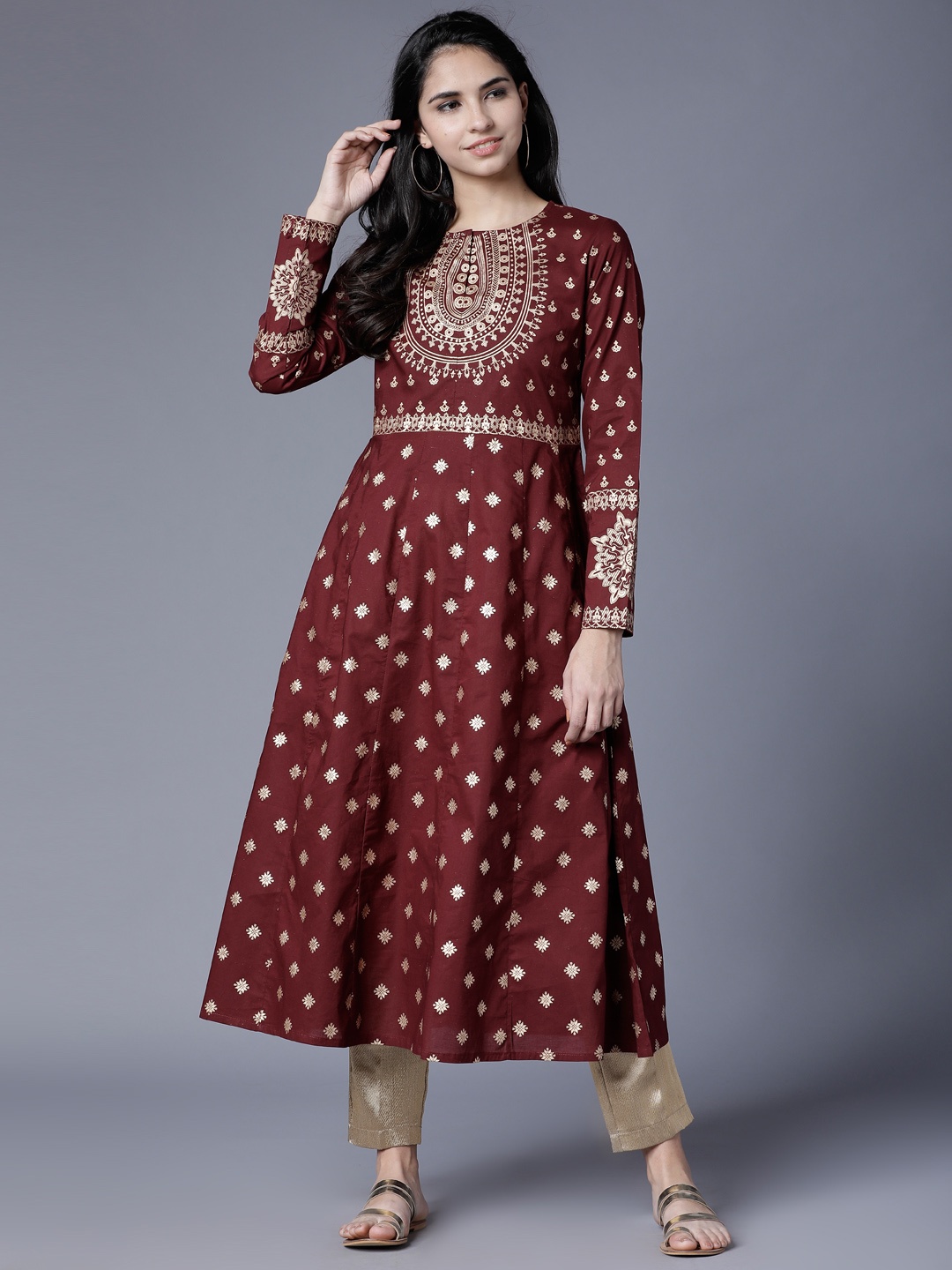 

Folklore Women Maroon & Gold-Toned Printed A-Line Kurta