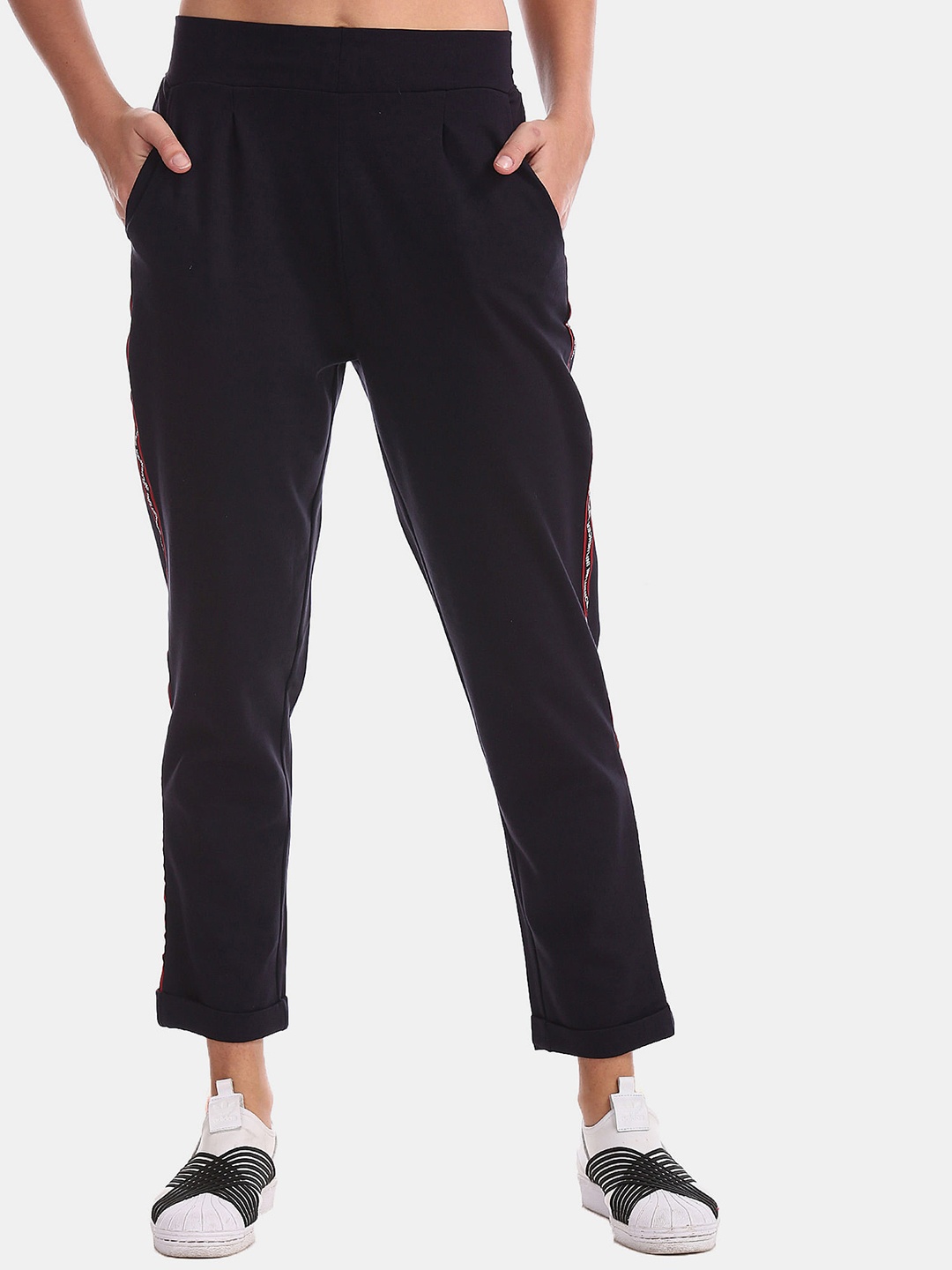 

Sugr Women Navy Blue Regular Fit Striped Peg Trousers