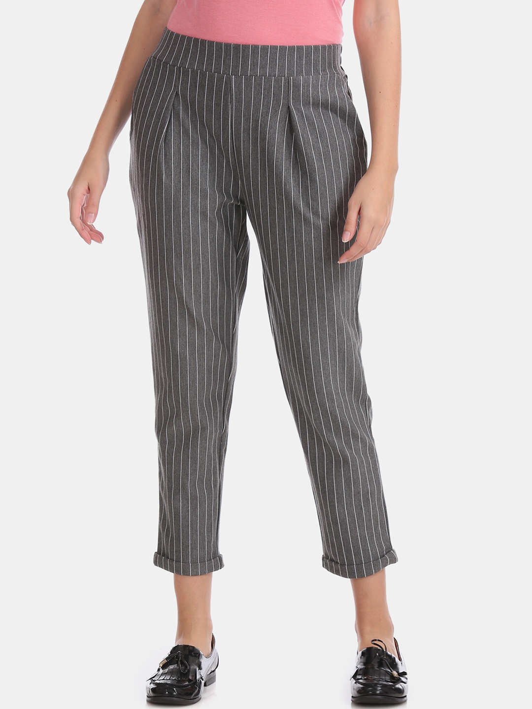 

Sugr Women Grey & White Tapered Fit Striped Peg Trousers