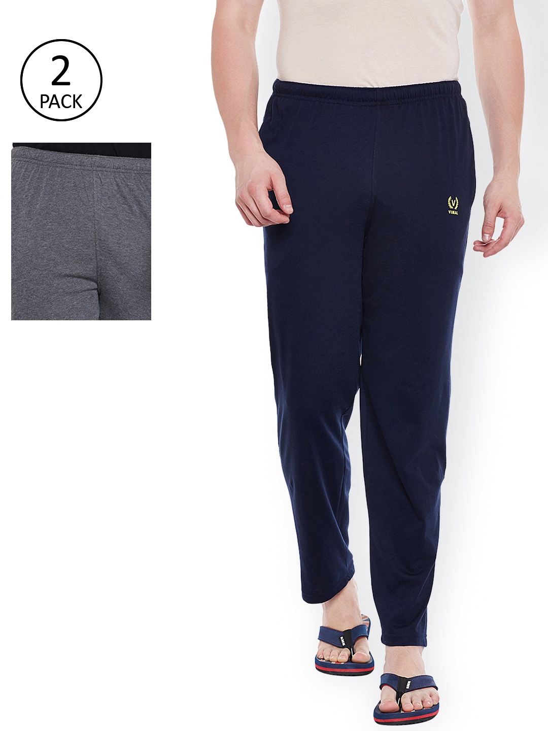 

VIMAL Men Pack of 2 Navy Blue & Charcoal Grey Solid Lounge Pants