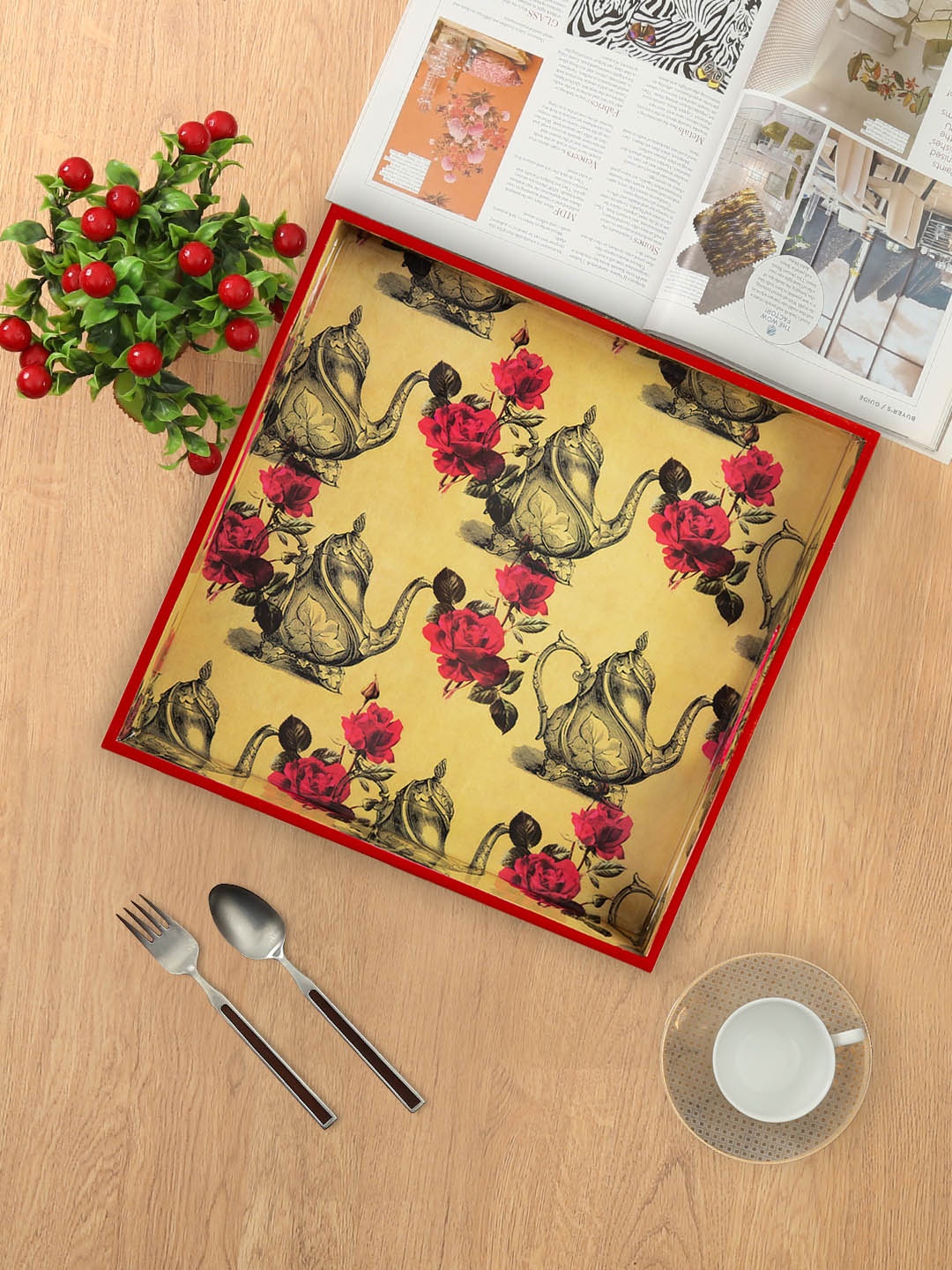 

India Circus by Krsnaa Mehta Beige Printed Mystic Rose Kettles Large Square Tray