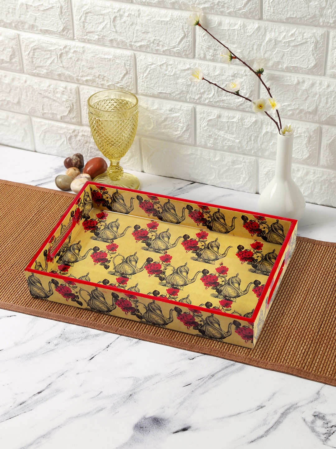 

India Circus by Krsnaa Mehta Beige Mystic Rose Kettles Rectangle Serving Tray