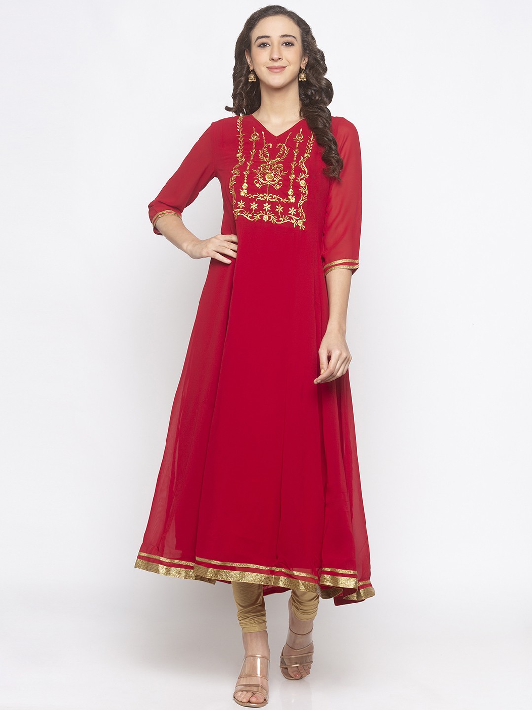

Globus Women Red & Golden Embroidered A-Line Kurta