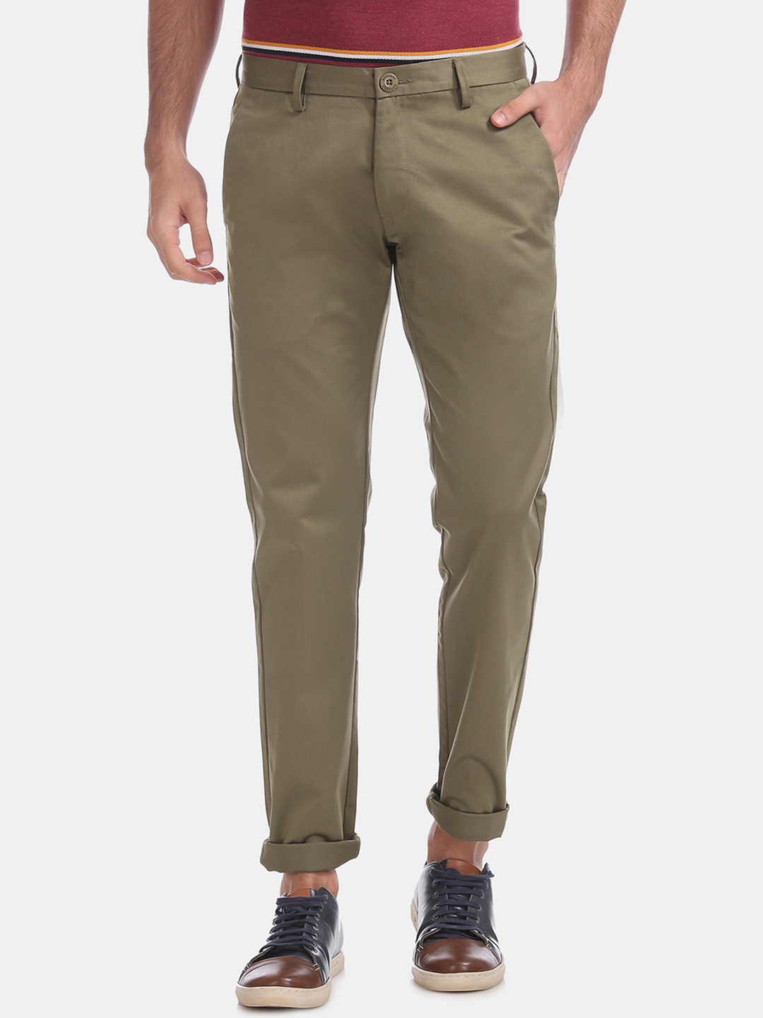 

Ruggers Men Khaki Green Regular Fit Solid Trousers