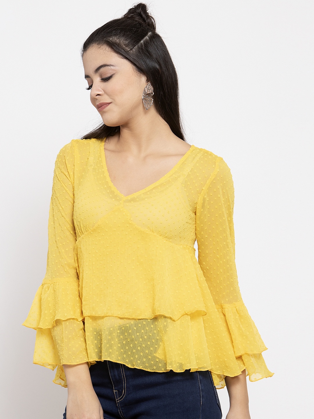 

KASSUALLY Women Yellow Self Design Tiered Top