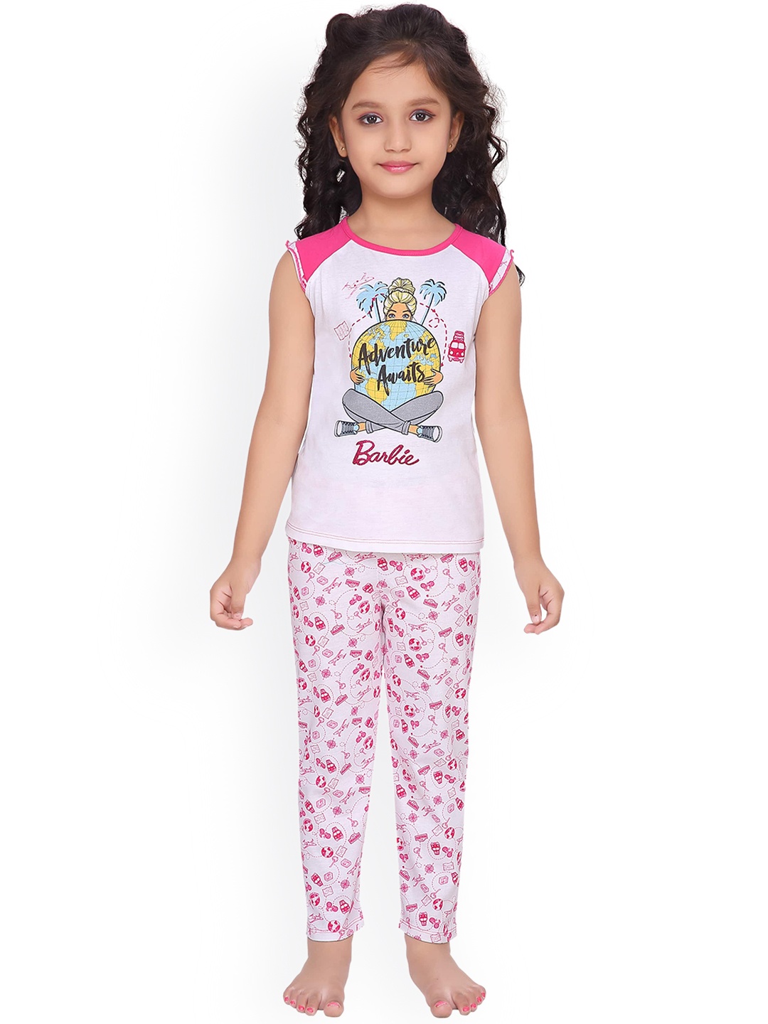 

Barbie Girls White & Pink Printed Night suit