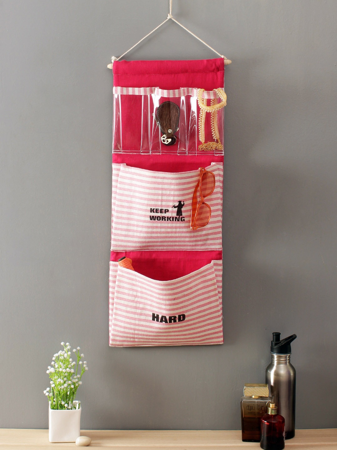

Rajasthan Decor Red & White Striped Multipurpose 5 Pocket Wall-Hanging Organizer