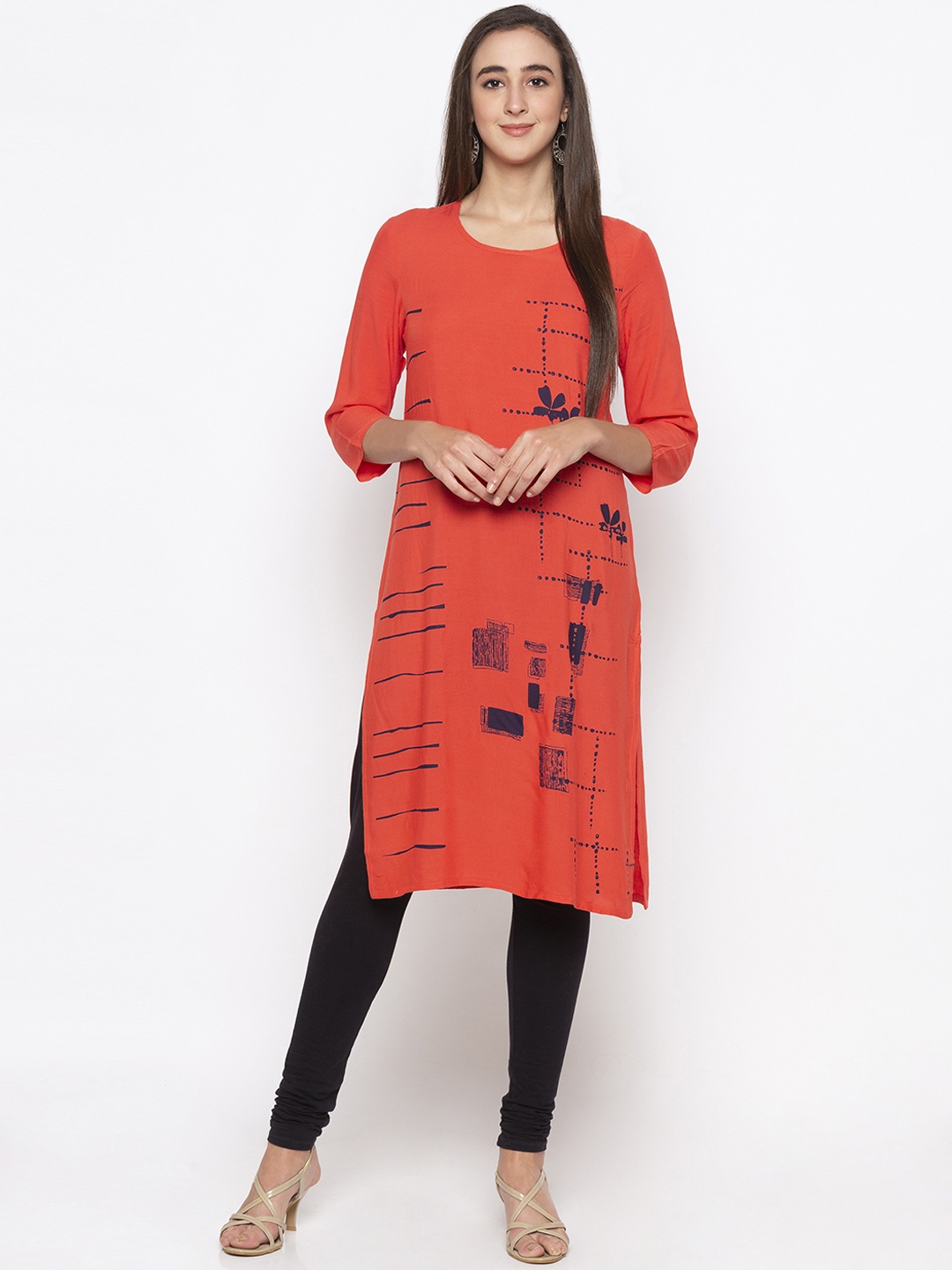 

Globus Women Orange Floral Printed Straight Kurta