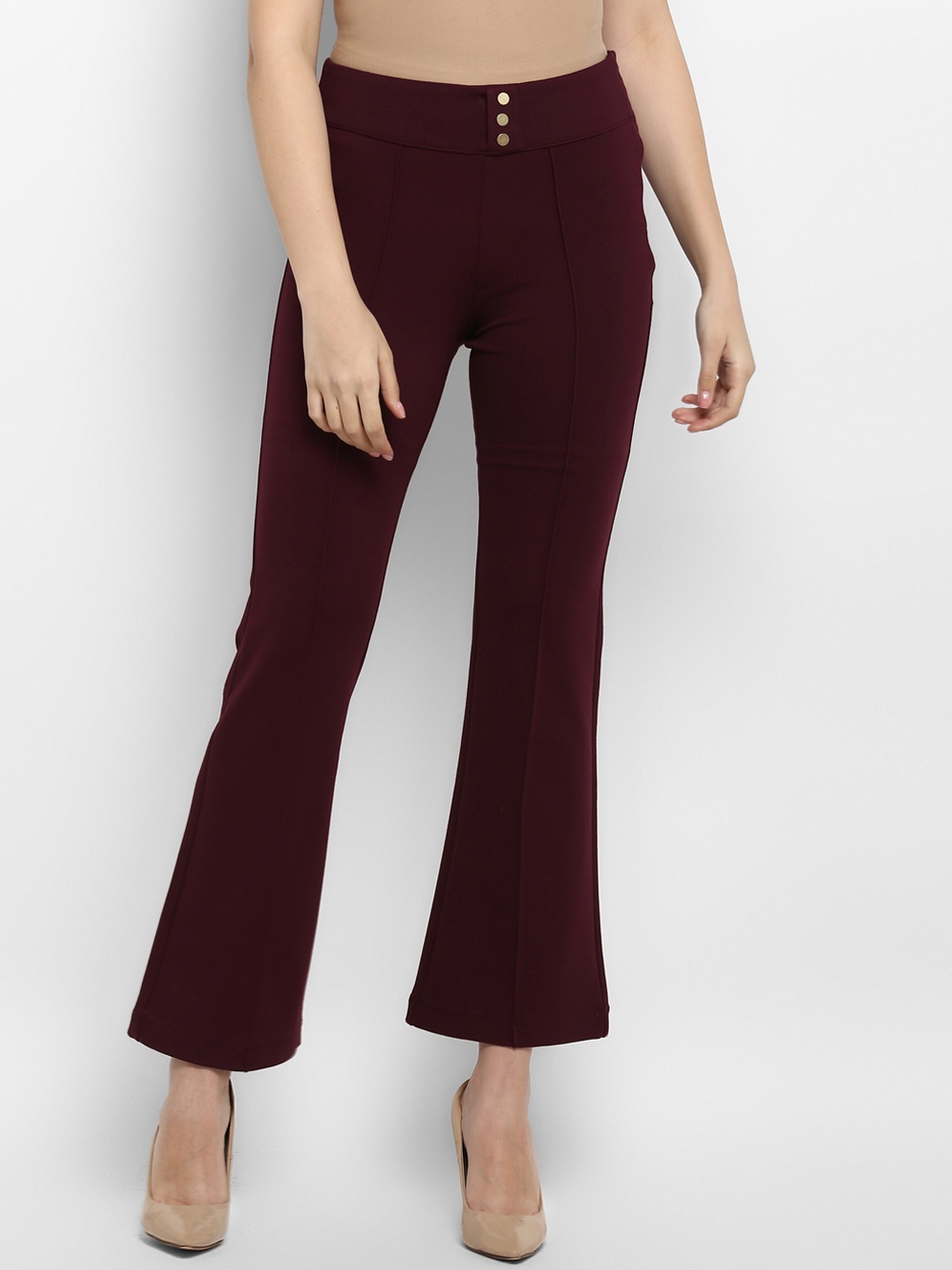 

Mode by Red Tape Women Burgundy Solid Bell-Bottom Treggings