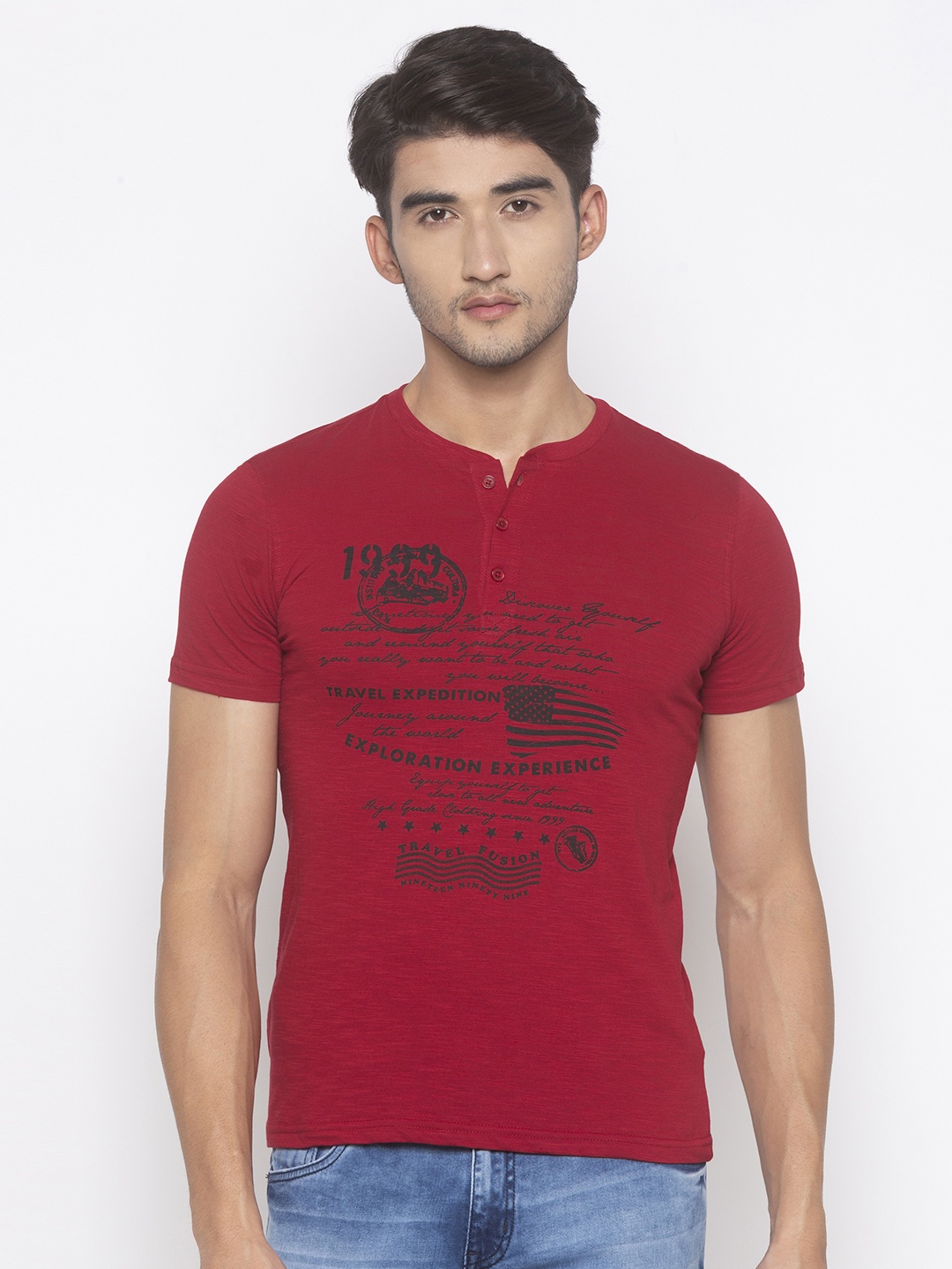 

Globus Men Maroon & Black Typography Printed Slim-Fit Henley Neck T-shirt