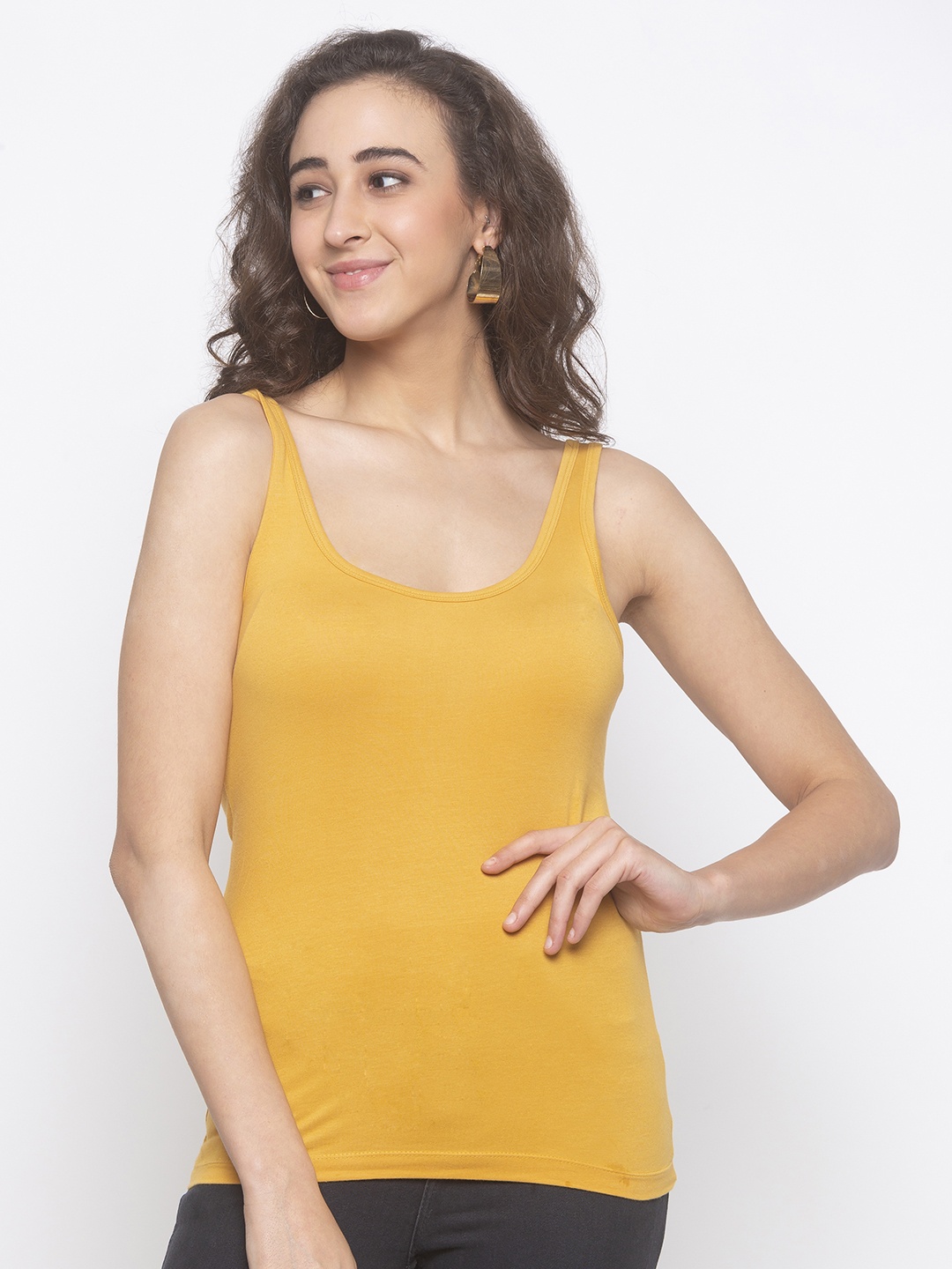 

Globus Women Mustard Yellow Solid Scoop Neck Tank T-shirt