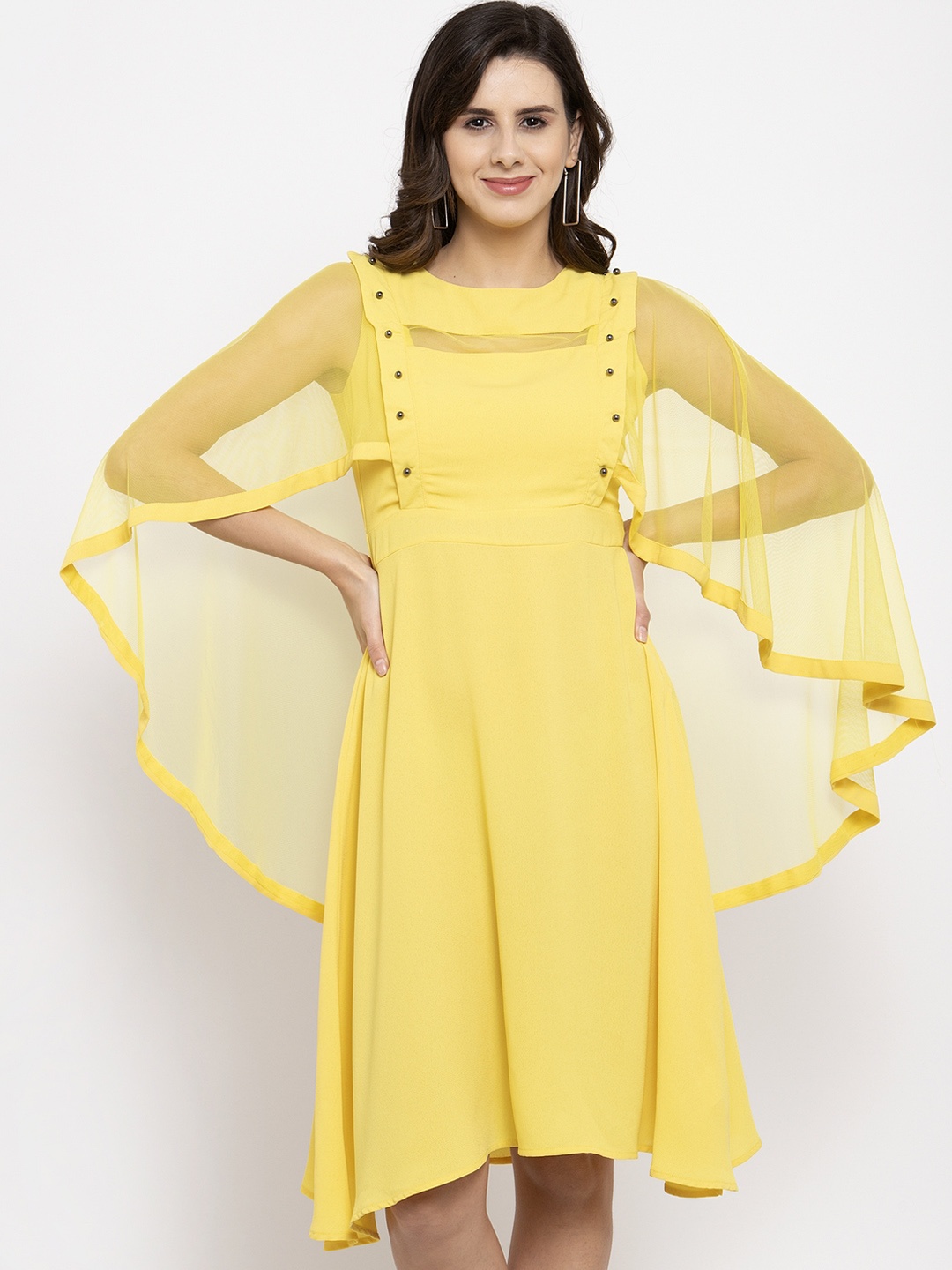 

KASSUALLY Women Yellow Solid Fit and Flare Dress With Cape Sleeves