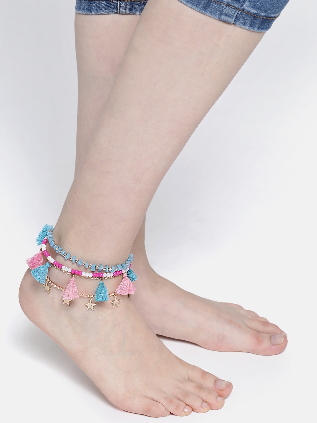 

Blueberry Set of 4 Gold-Plated Handcrafted Anklets, Blue