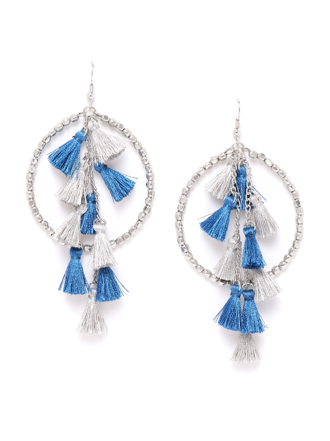 

Blueberry Blue Silver-Plated Handcrafted Tasselled Beaded Circular Drop Earrings