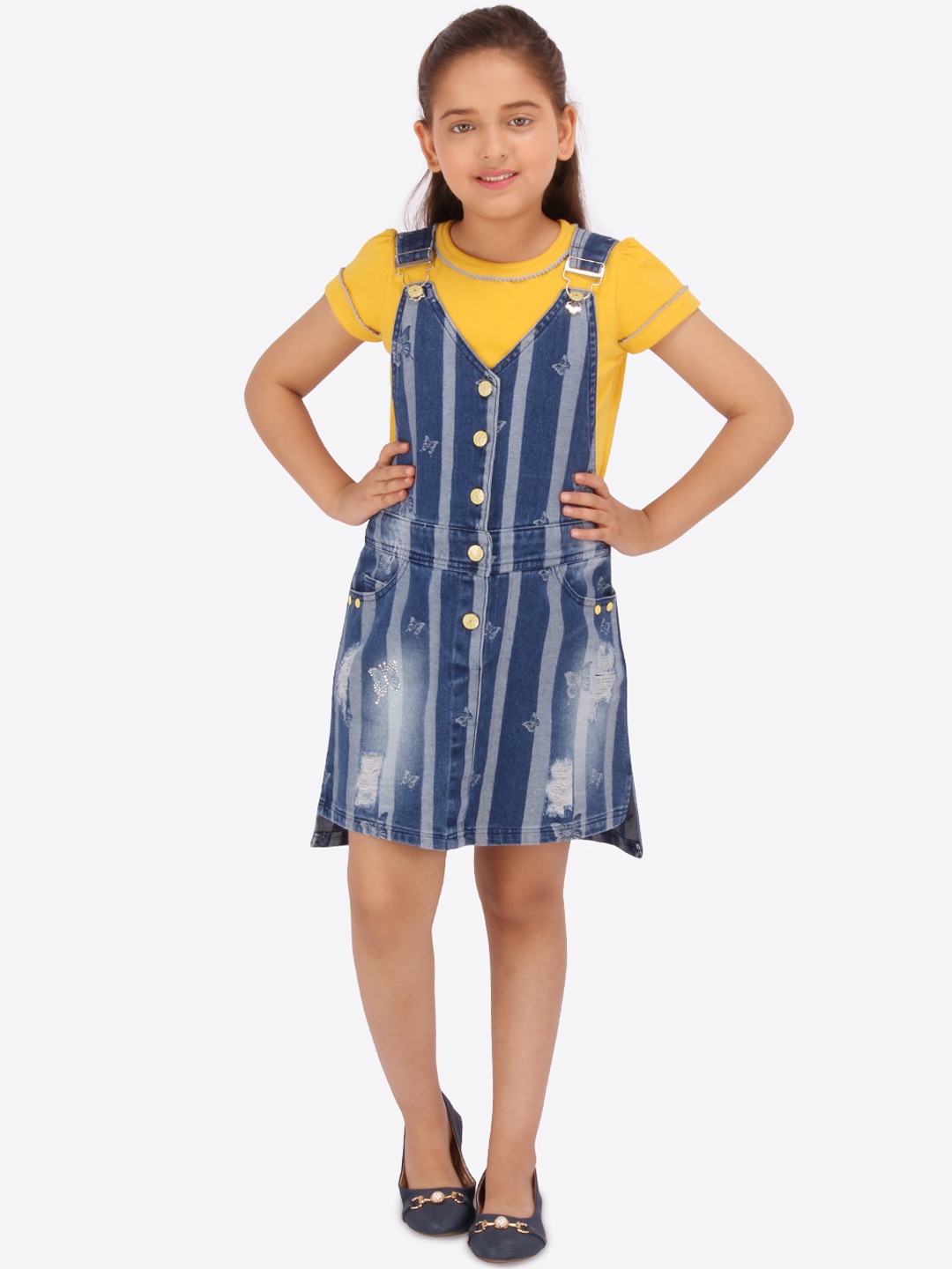 

CUTECUMBER Girls Blue Striped Denim Pinafore Dress