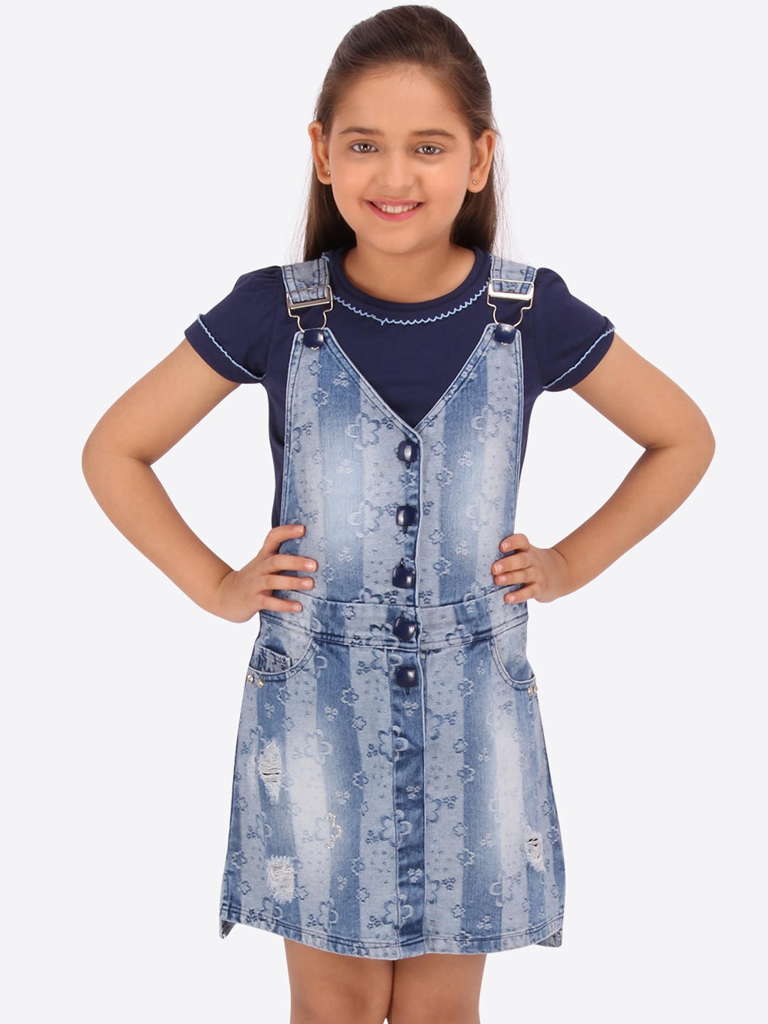 

CUTECUMBER Girls Navy Blue Self Design Floral Denim Pinafore Dress