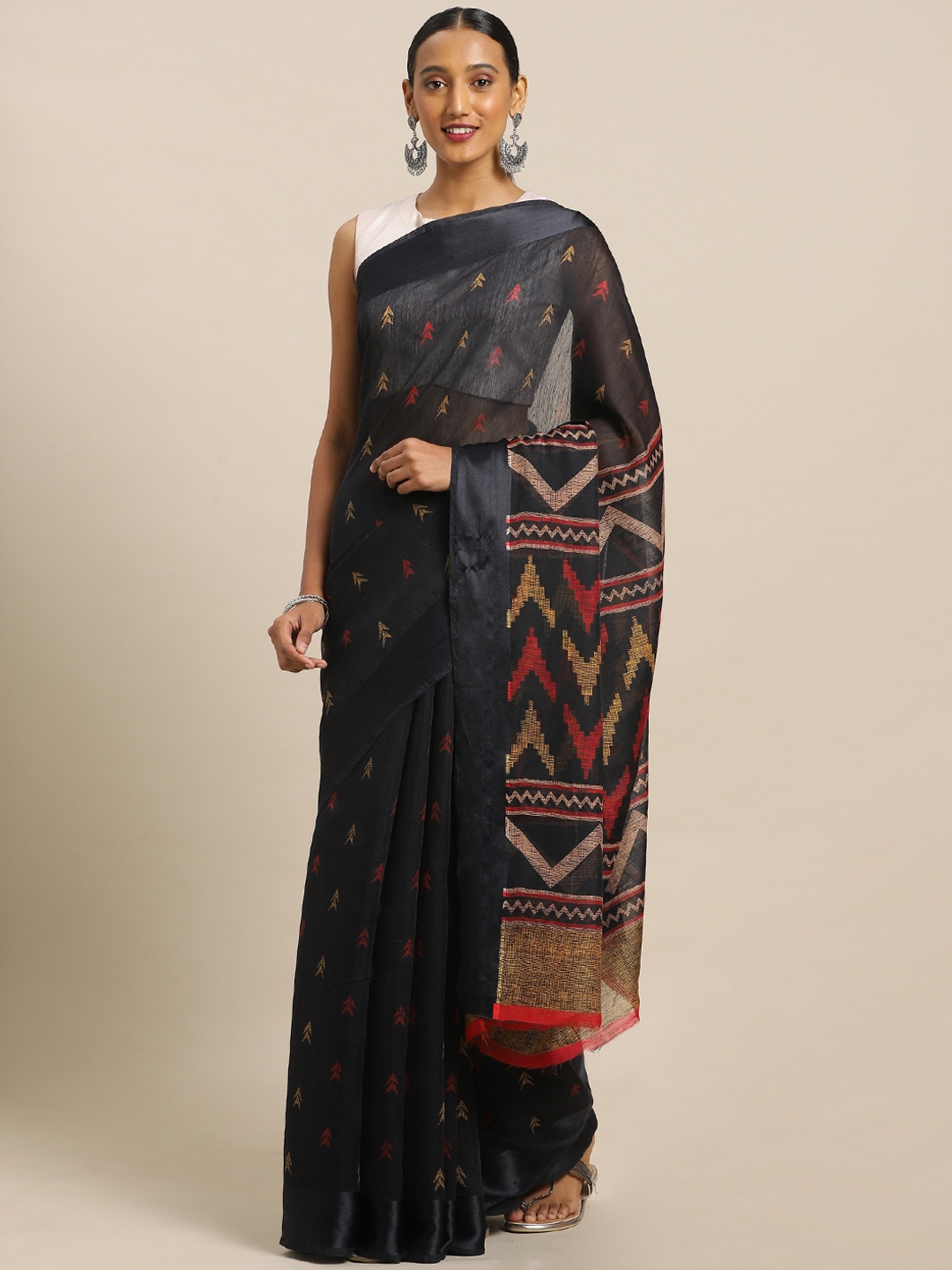 

KALINI Black & Red Polycotton Printed Saree