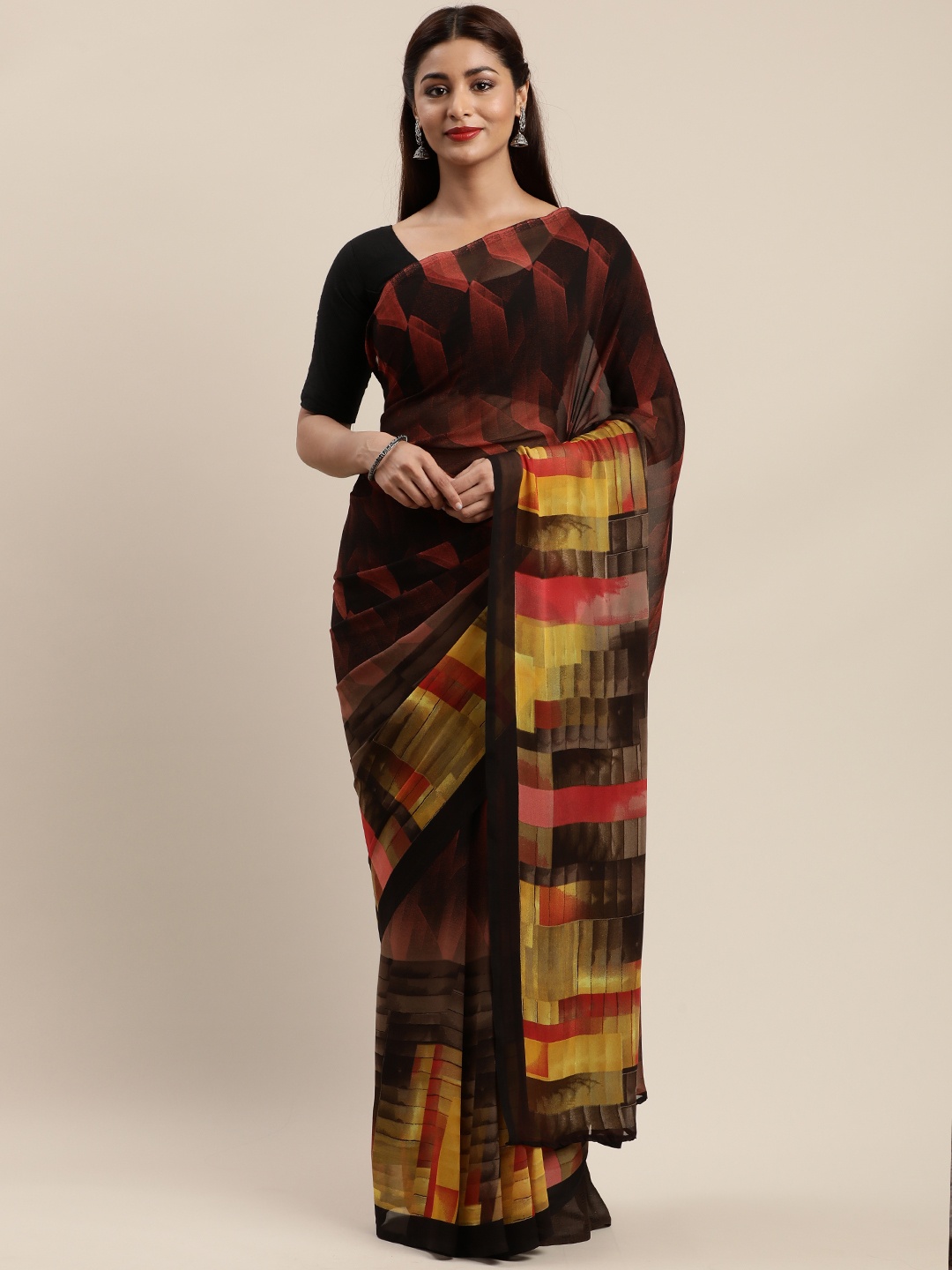

KALINI Brown & Yellow Poly Georgette Printed Saree
