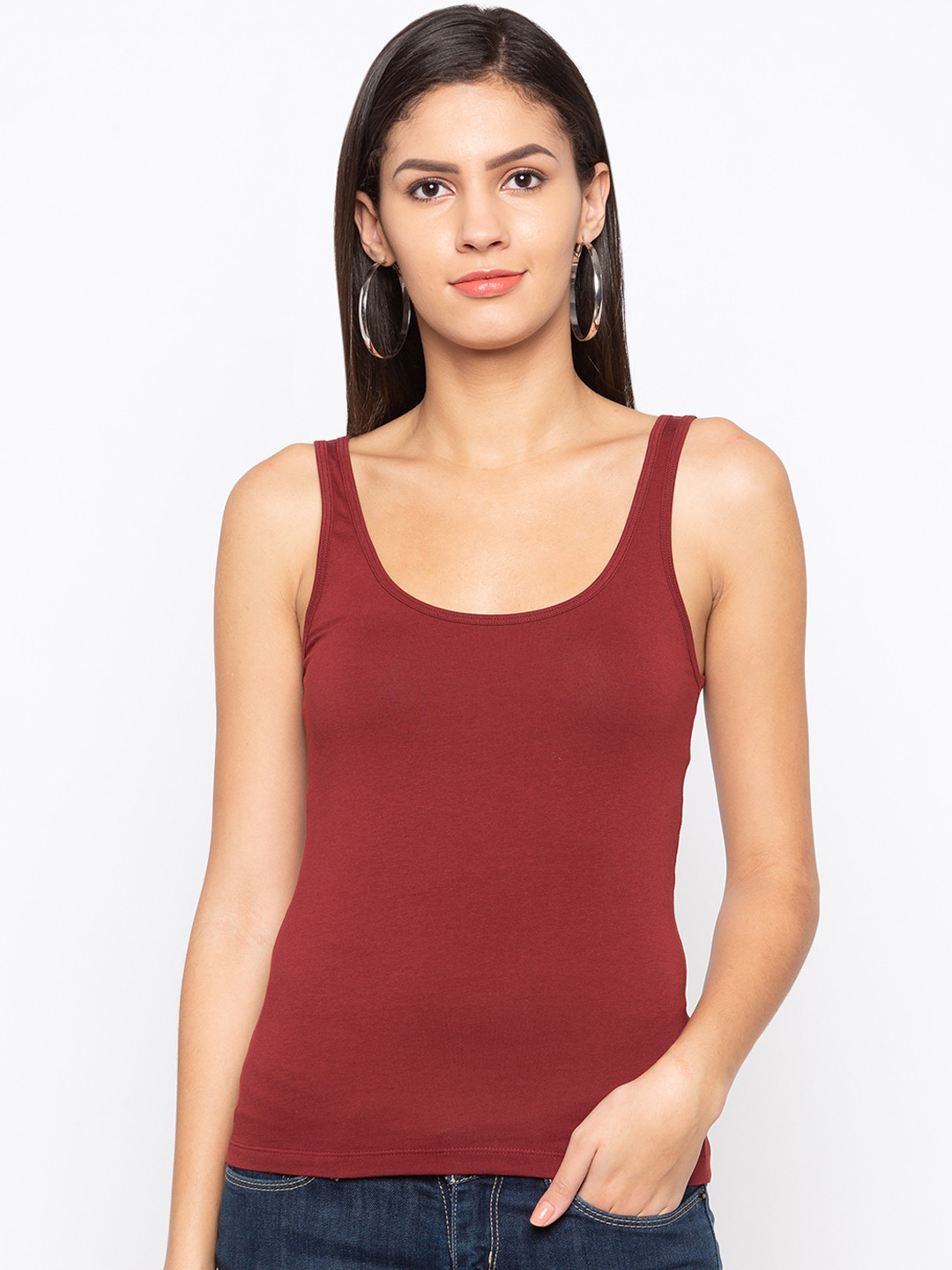 

Globus Women Maroon Slim Fit Solid Scoop Neck Camisole